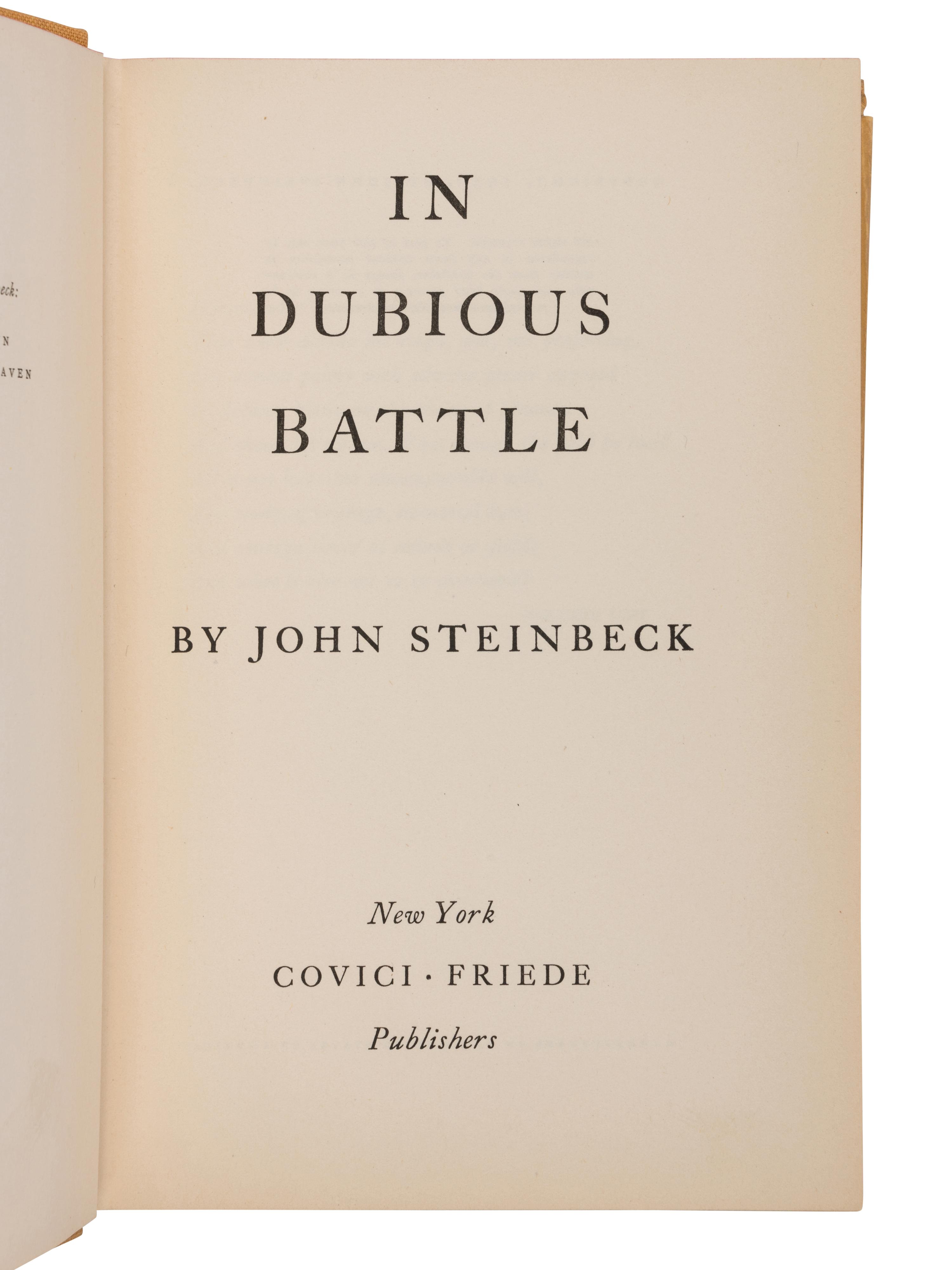 STEINBECK, John (1902-1968). In Dubious Battle . New York: Covici-Friede, 1936.