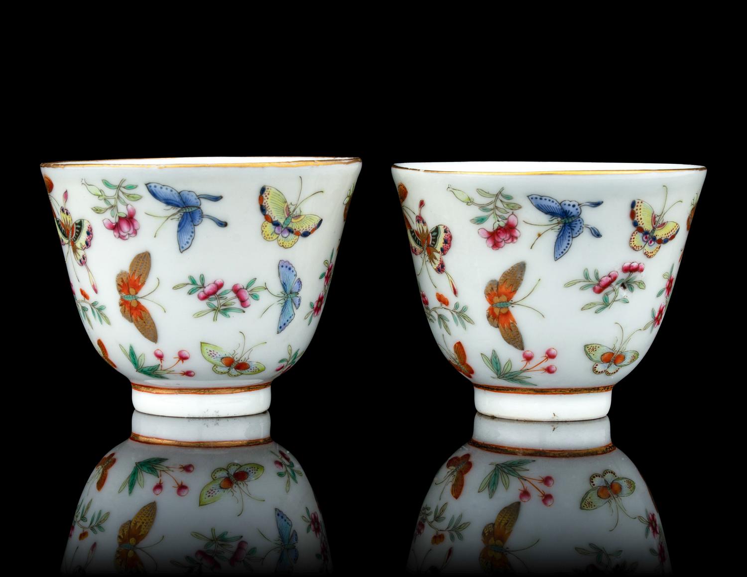 A Pair of Famille Rose Porcelain 'Butterfly' Cups