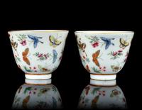A Pair of Famille Rose Porcelain 'Butterfly' Cups