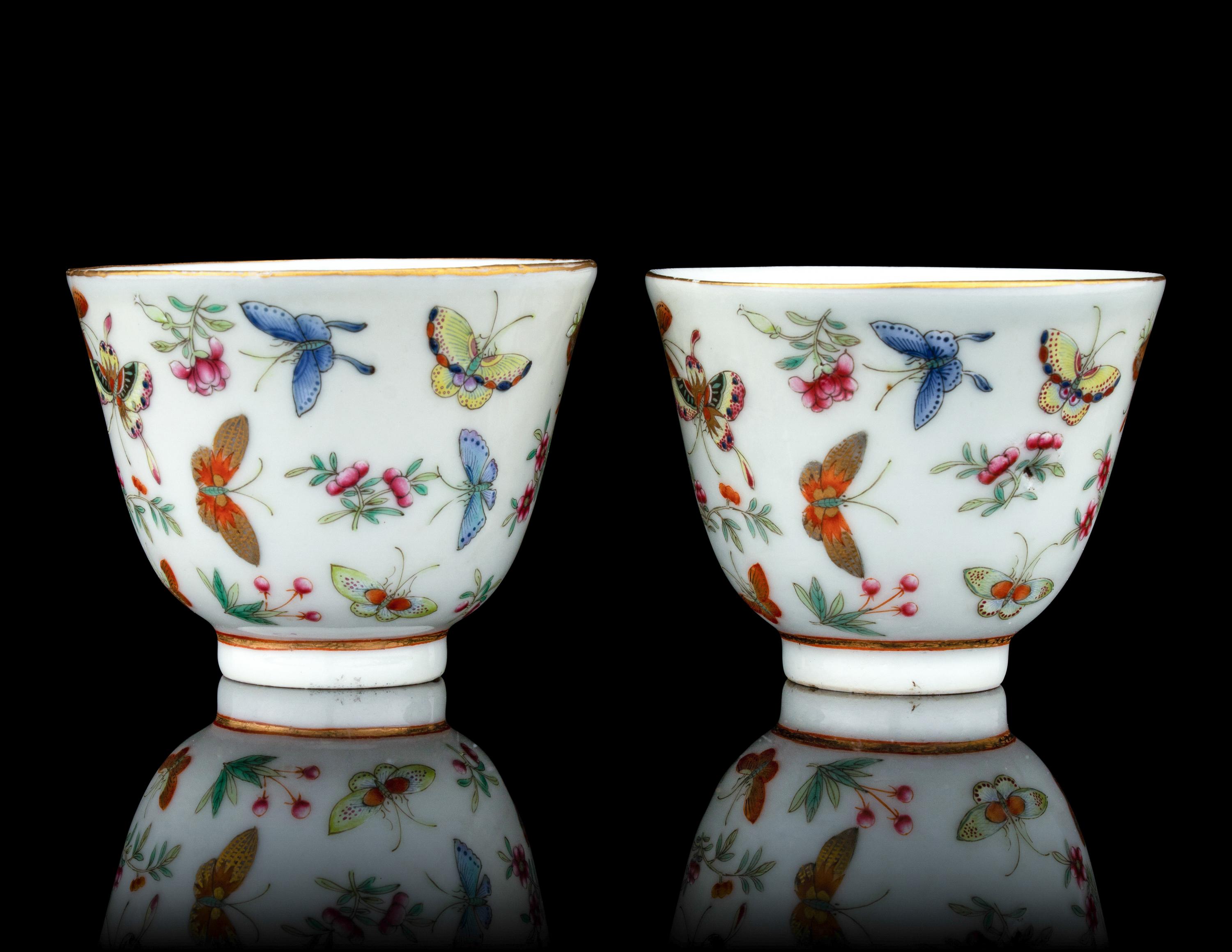 A Pair of Famille Rose Porcelain 'Butterfly' Cups