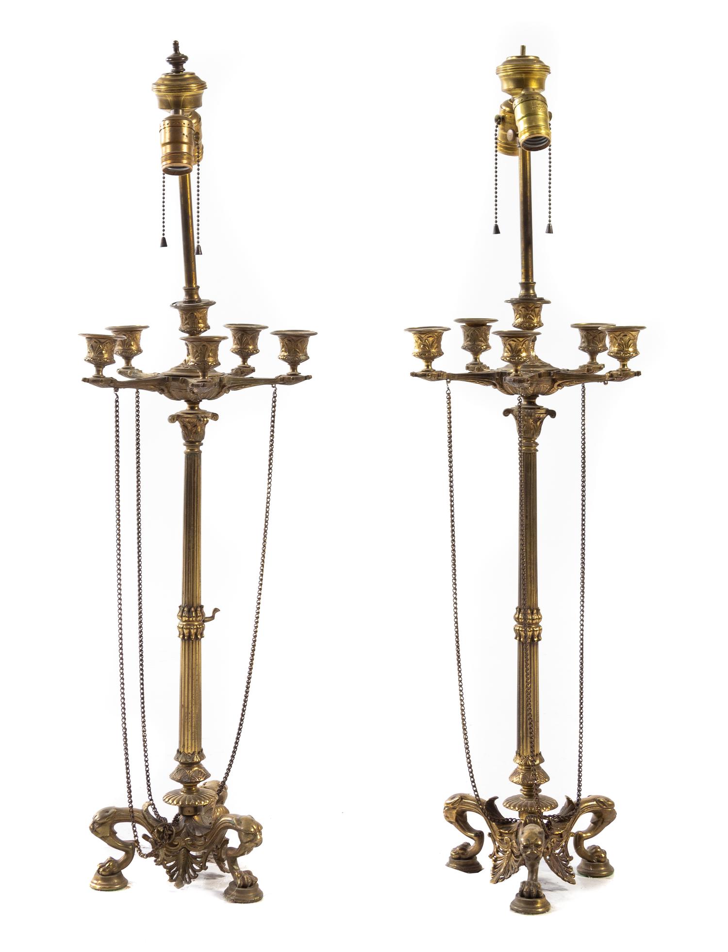 A Pair of Neoclassical Gilt Bronze Six-Light Candelabra Height 23 inches. — LATE 19TH/EARLY 20TH CENTURY