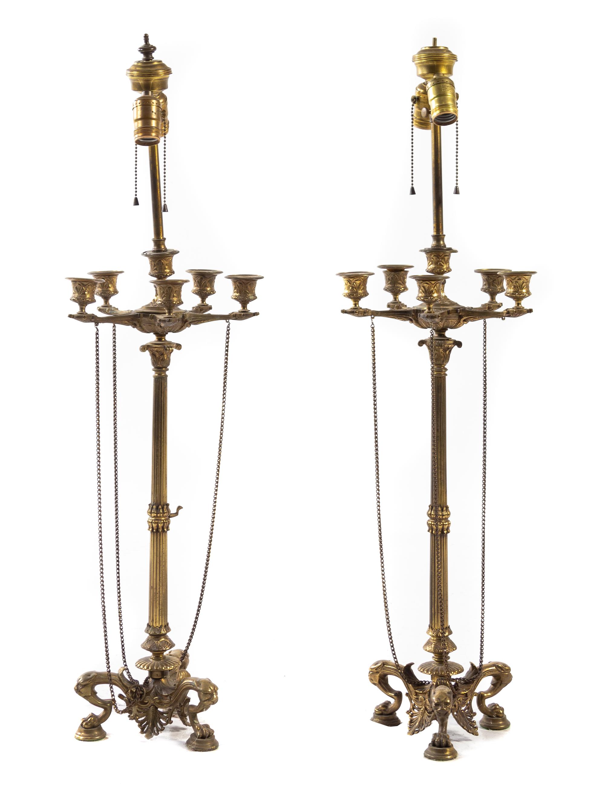 A Pair of Neoclassical Gilt Bronze Six-Light Candelabra Height 23 inches. — LATE 19TH/EARLY 20TH CENTURY