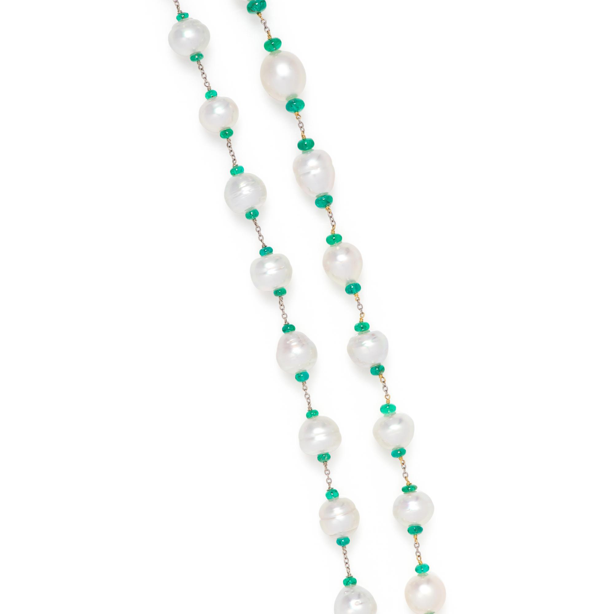 CULTURED BAROQUE PEARL AND EMERALD LONGCHAIN NECKLACE
