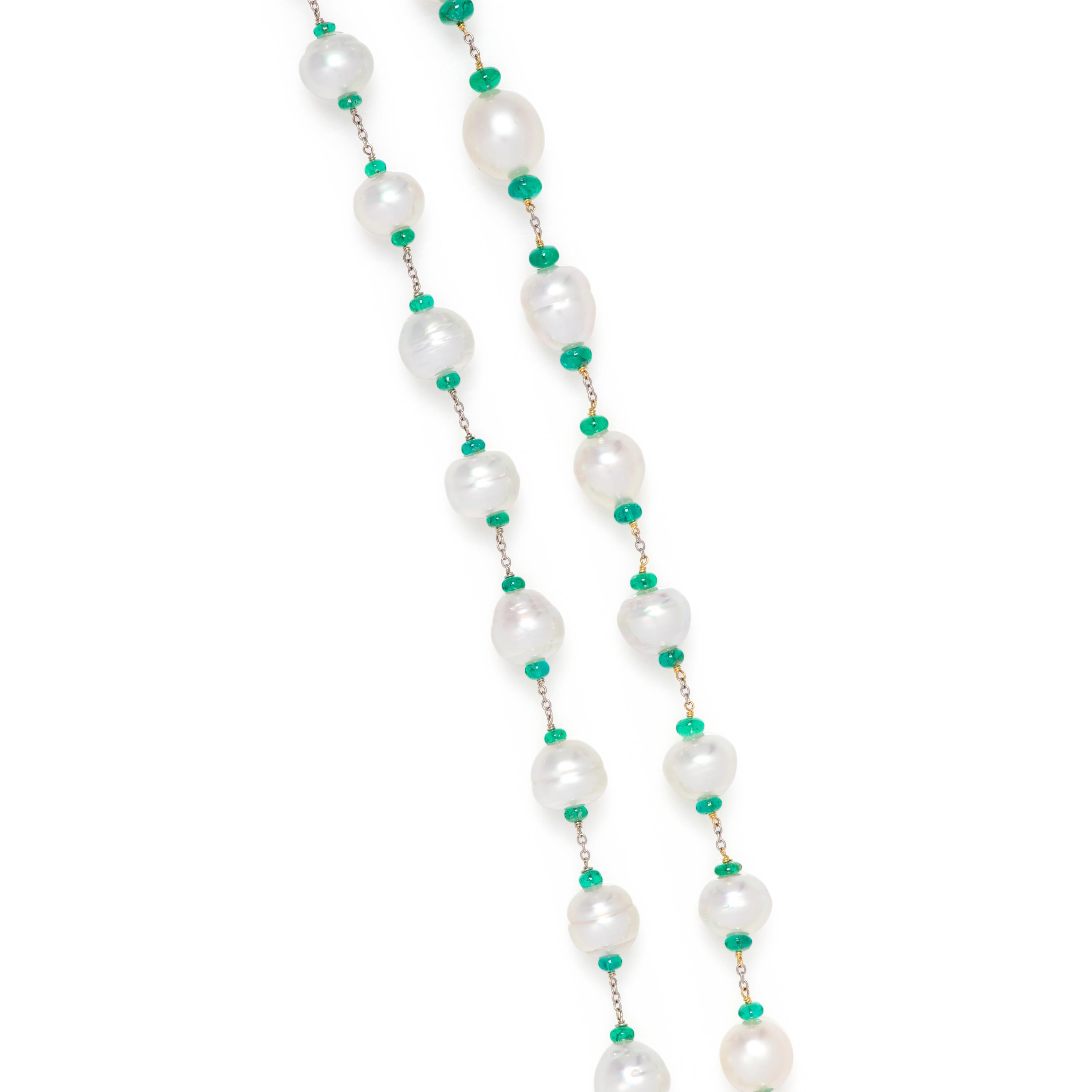 CULTURED BAROQUE PEARL AND EMERALD LONGCHAIN NECKLACE