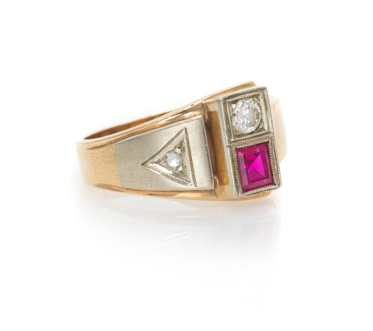 A 14 Karat Yellow Gold, Diamond and Synthetic Ruby Ring, 3.90 dwts.