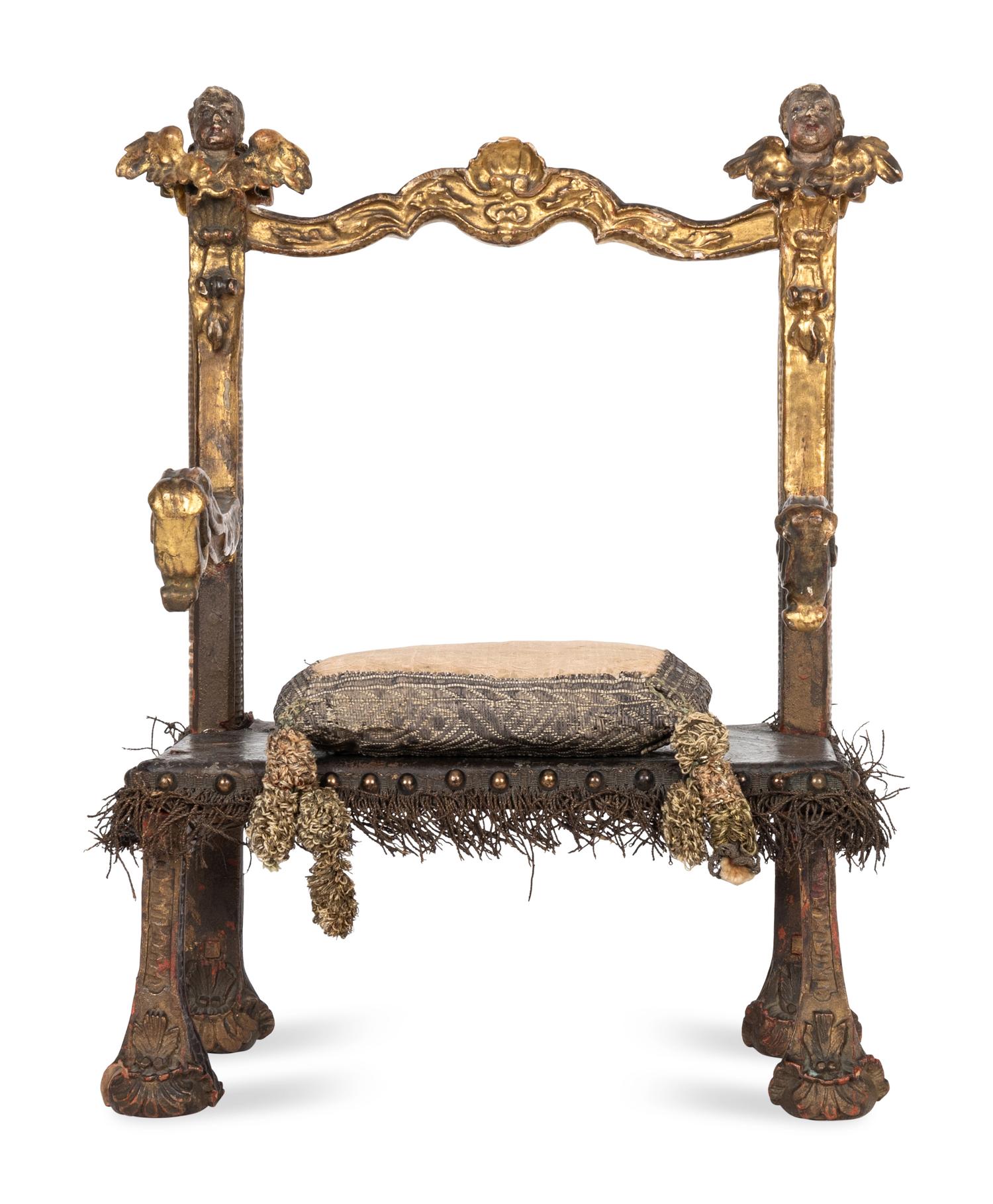 An Italian or Spanish Painted and Parcel Gilt Diminutive Chair