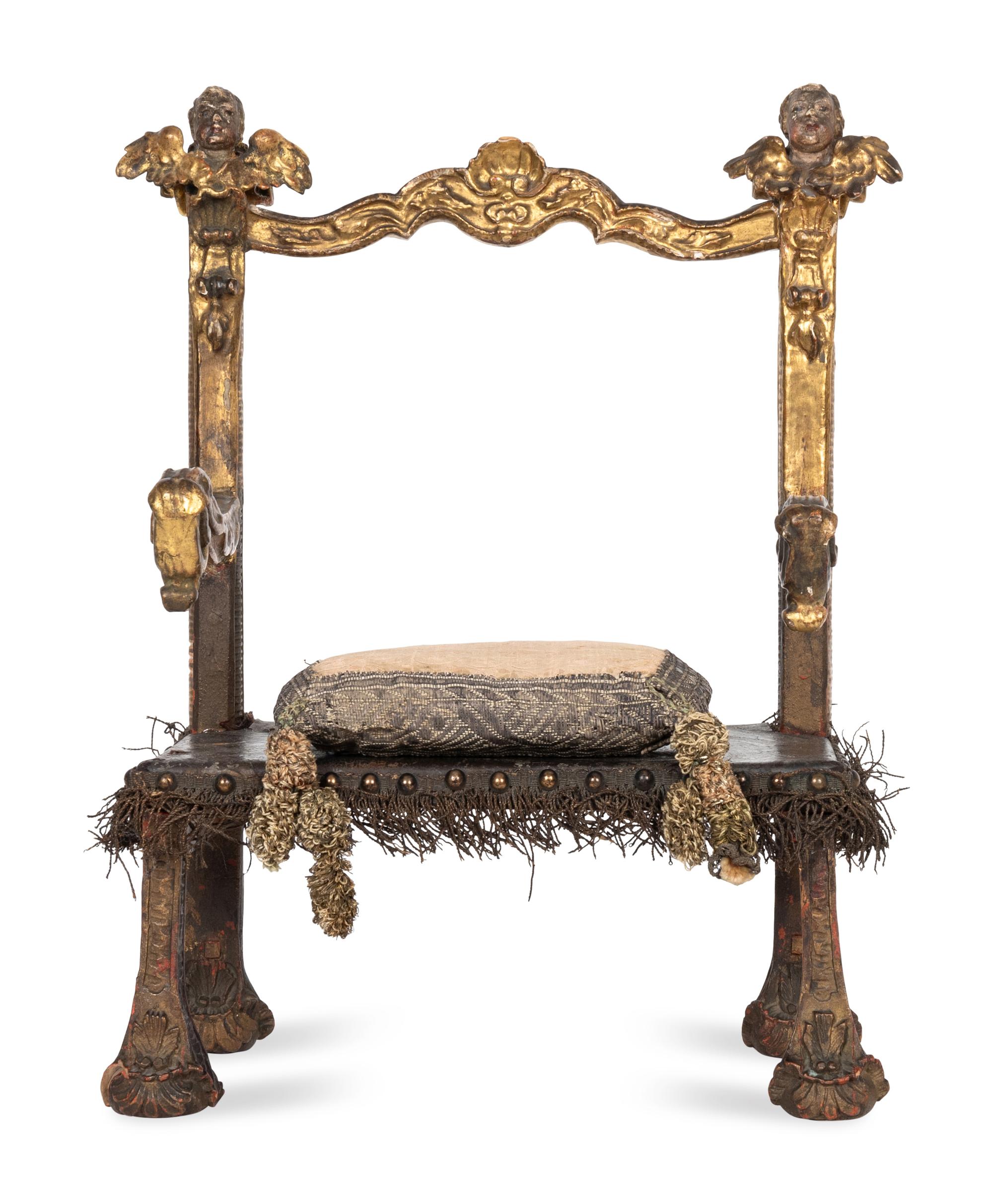 An Italian or Spanish Painted and Parcel Gilt Diminutive Chair