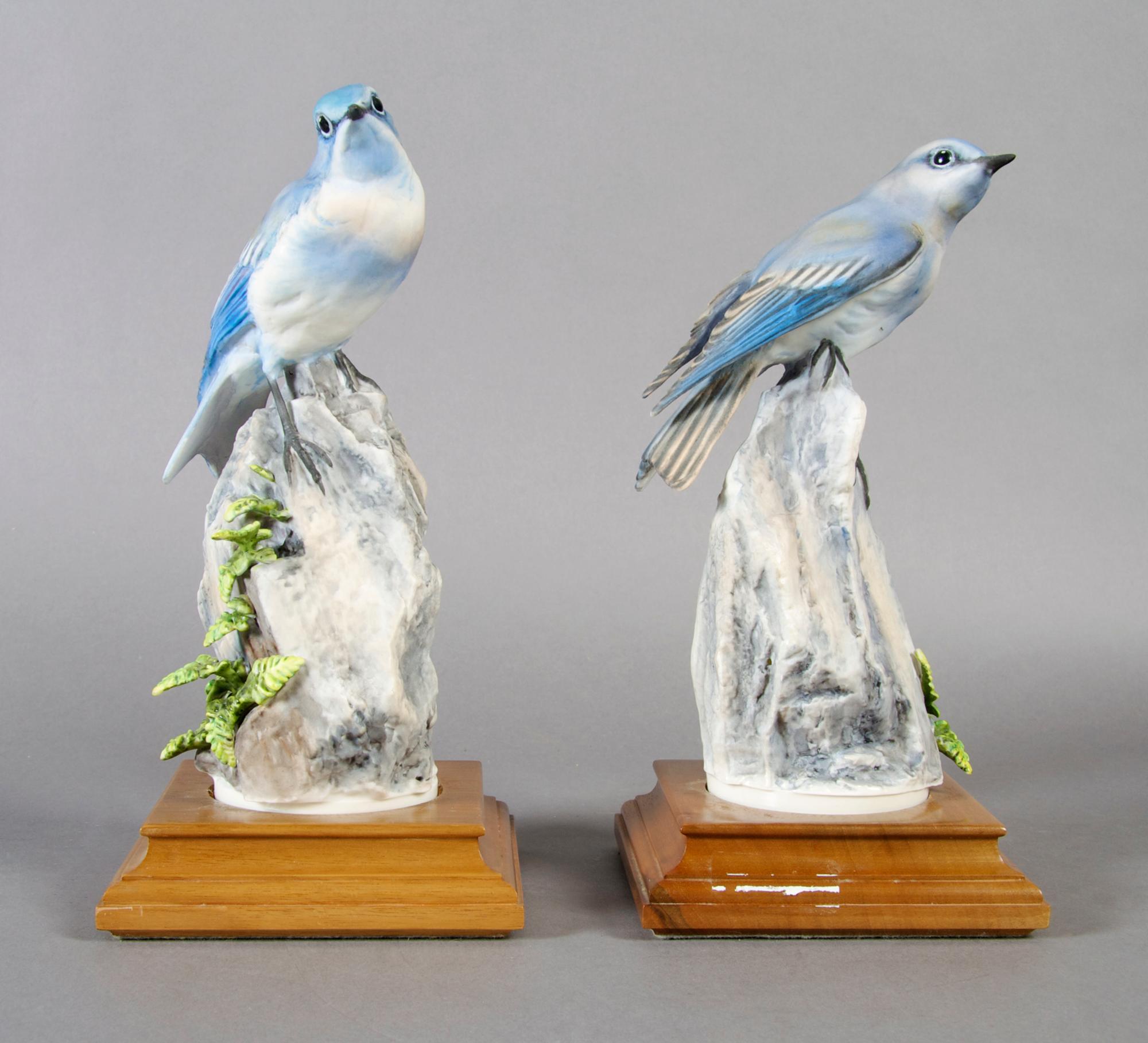A Pair of Royal Worcester Dorothy Doughty Birds, Mountain Bluebirds, Height overall 10 inches.