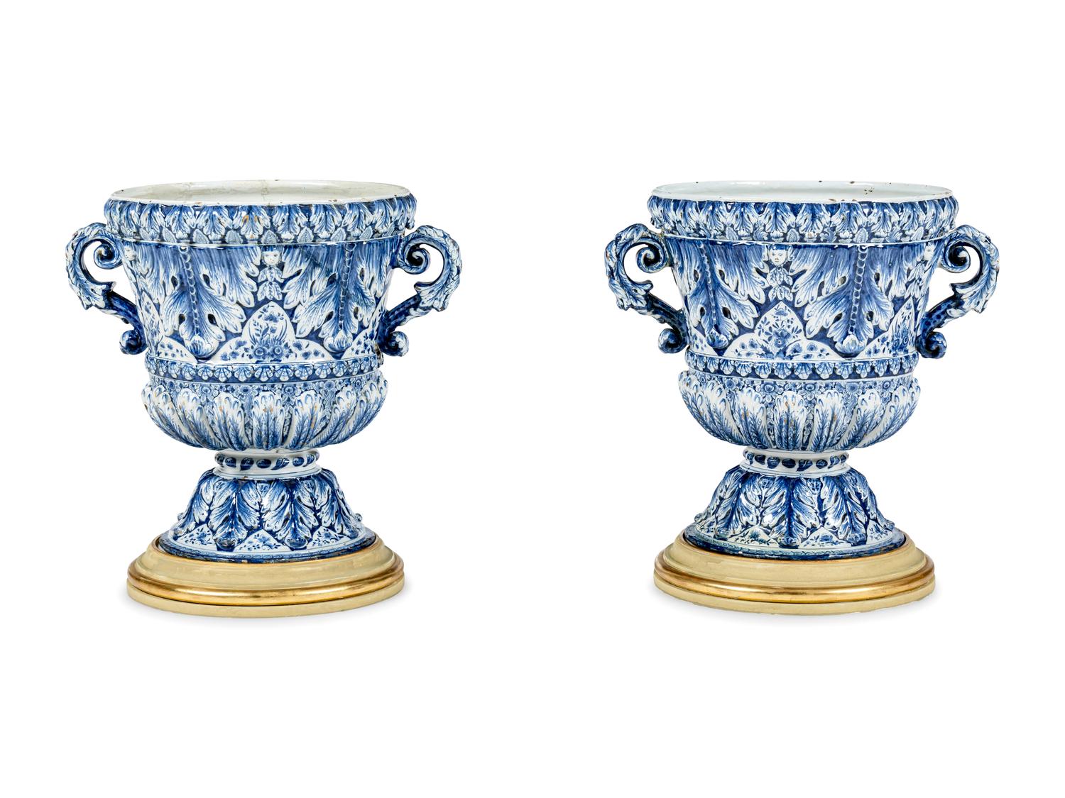 A Pair of Large Delftware Handled Urns