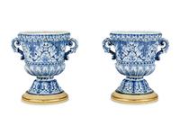 A Pair of Large Delftware Handled Urns