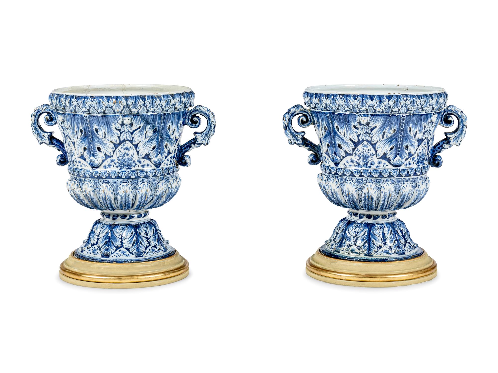 A Pair of Large Delftware Handled Urns