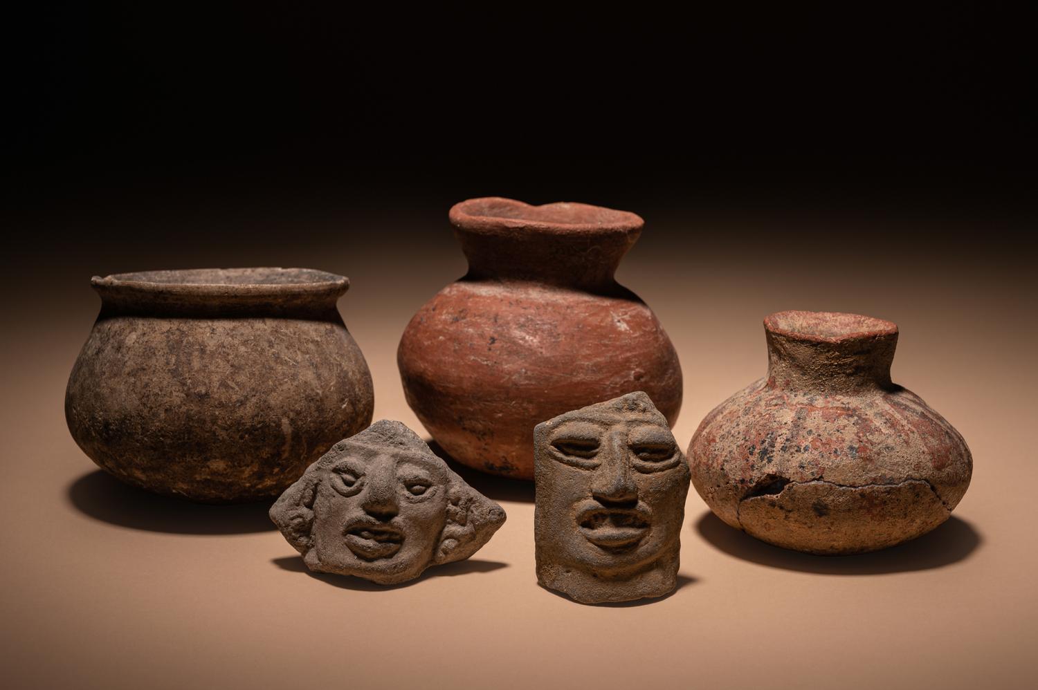 Three Pre-Columbian Terracotta Bowls and Two Face Fragments