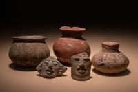 Three Pre-Columbian Terracotta Bowls and Two Face Fragments