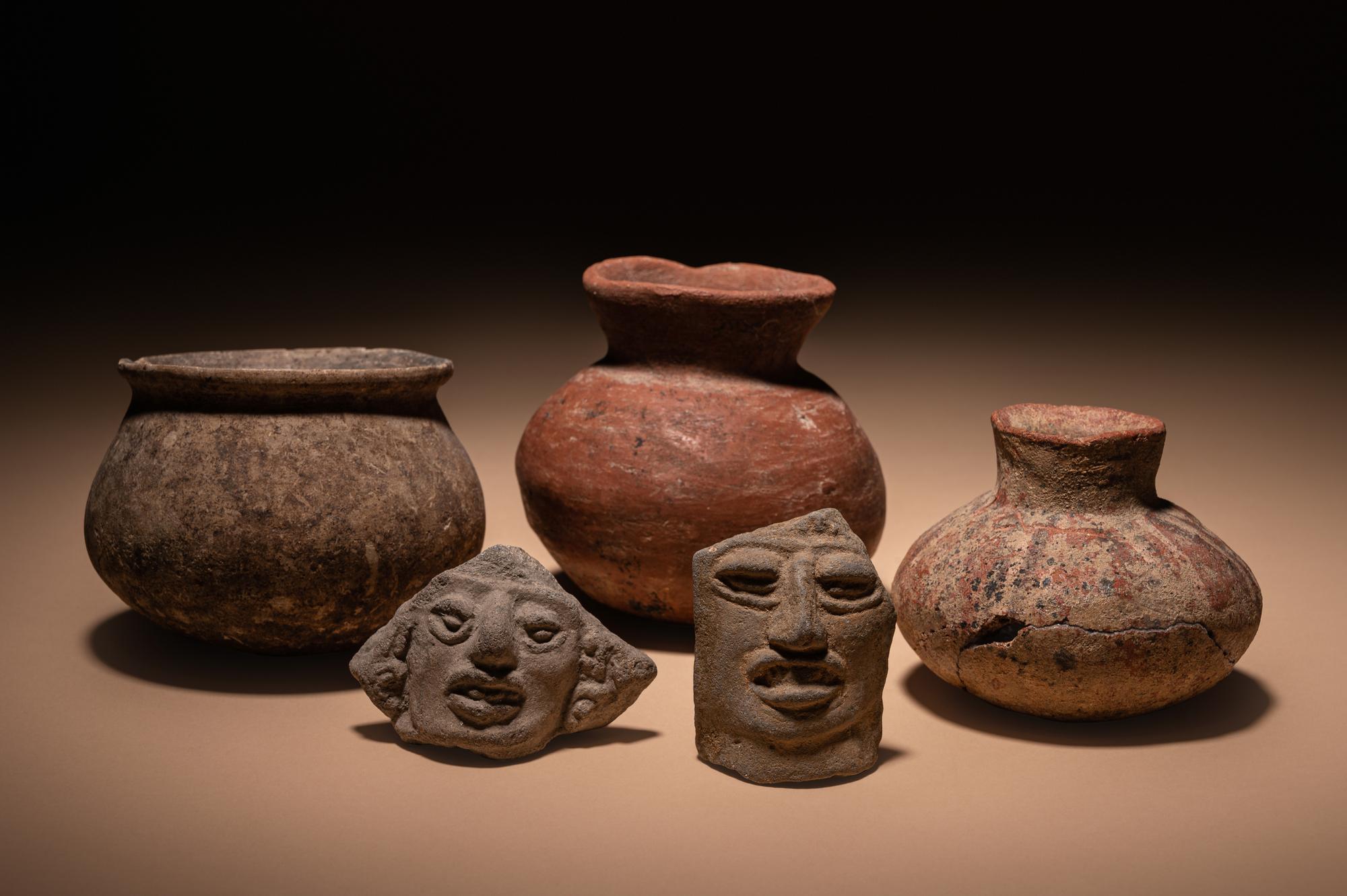 Three Pre-Columbian Terracotta Bowls and Two Face Fragments