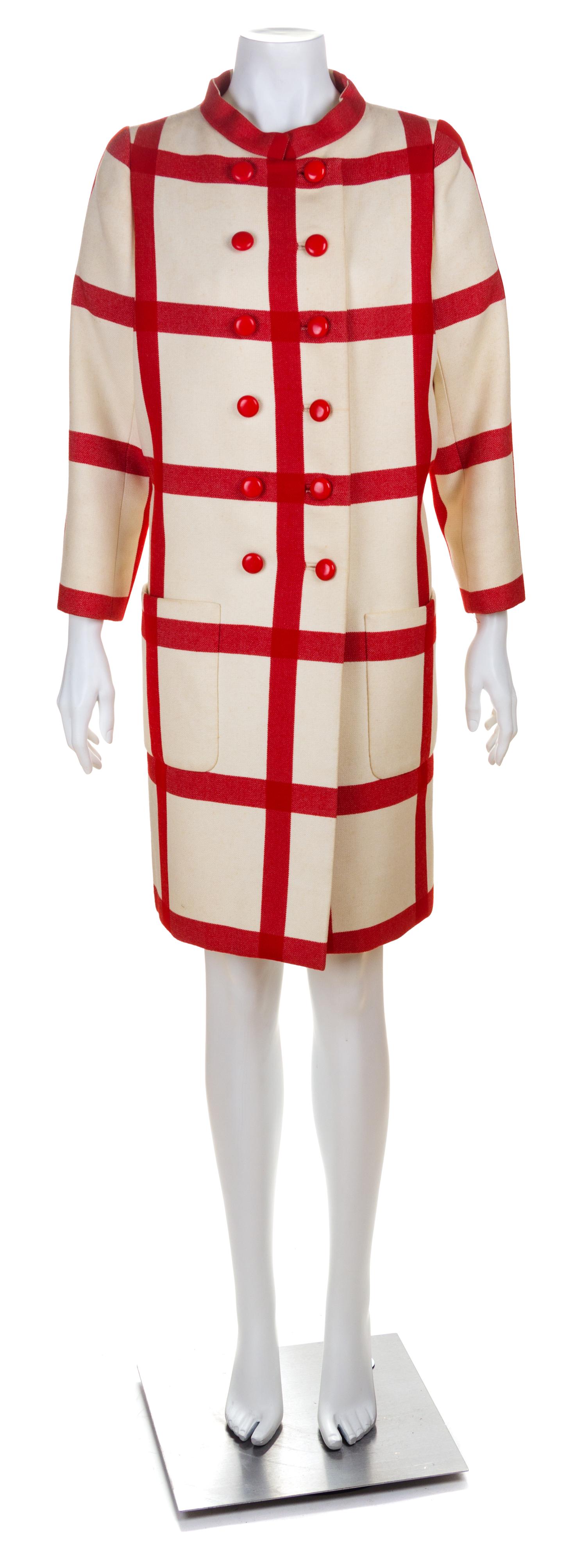 A Norell Red and White Wool Windowpane Double Breasted Coat, No size.