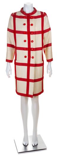 A Norell Red and White Wool Windowpane Double Breasted Coat, No size.