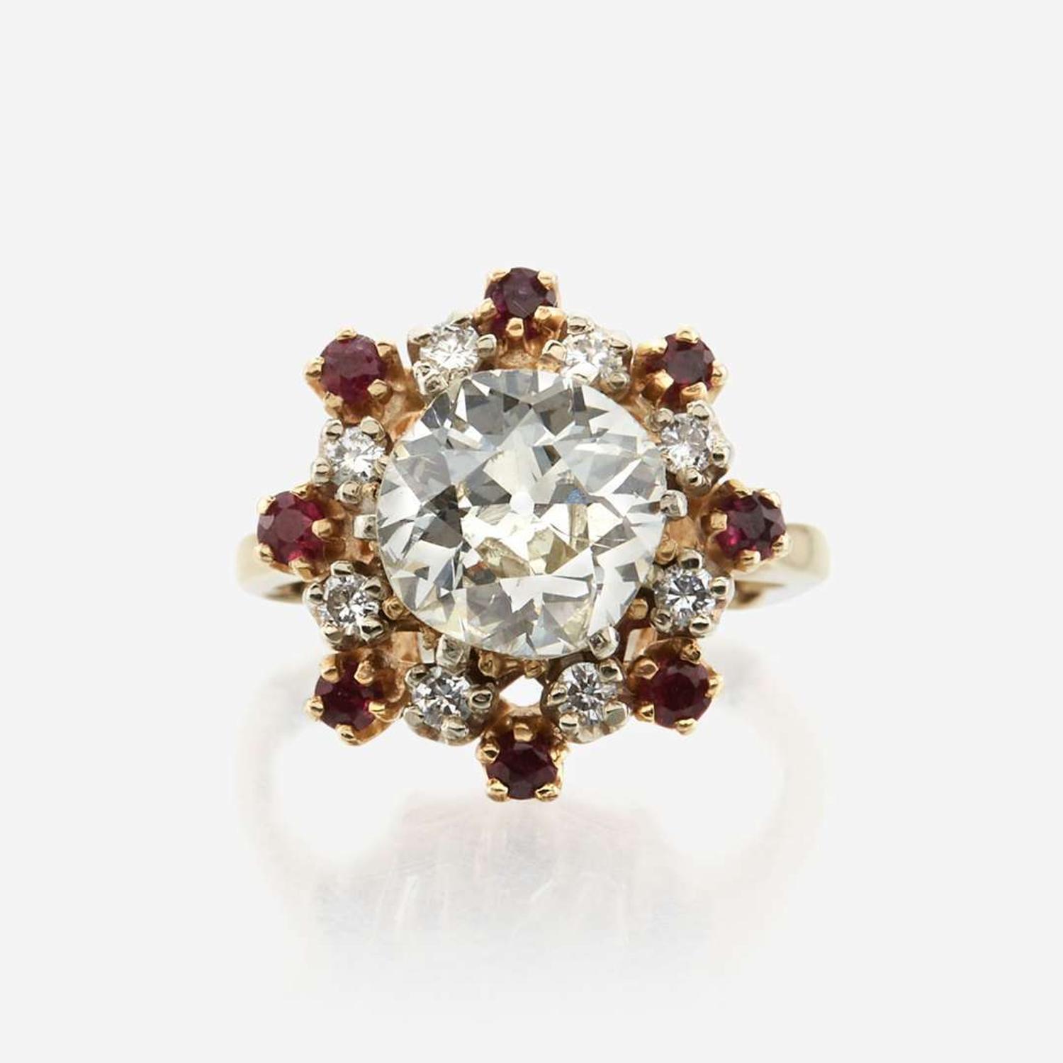 A diamond, ruby, and gold ring