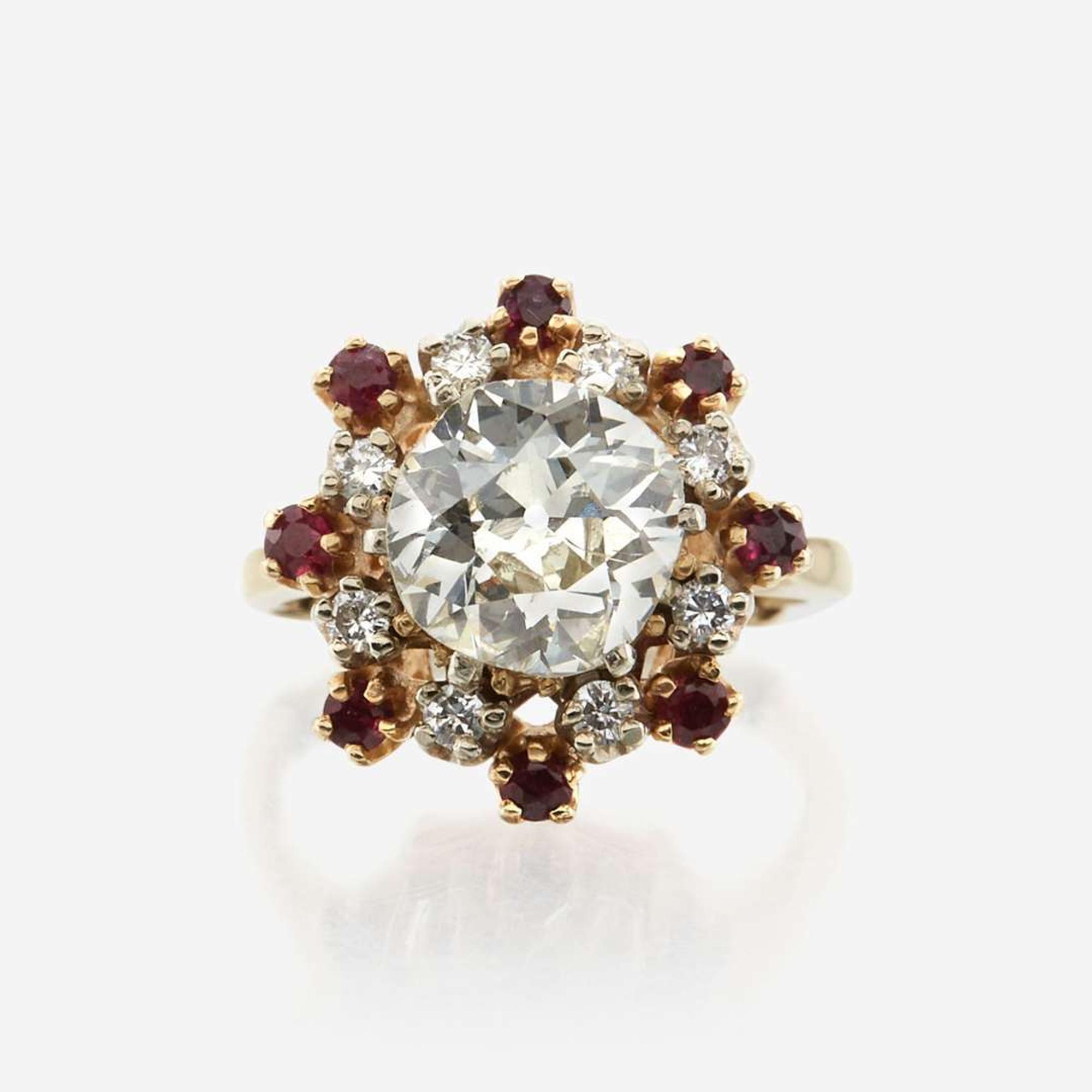 A diamond, ruby, and gold ring