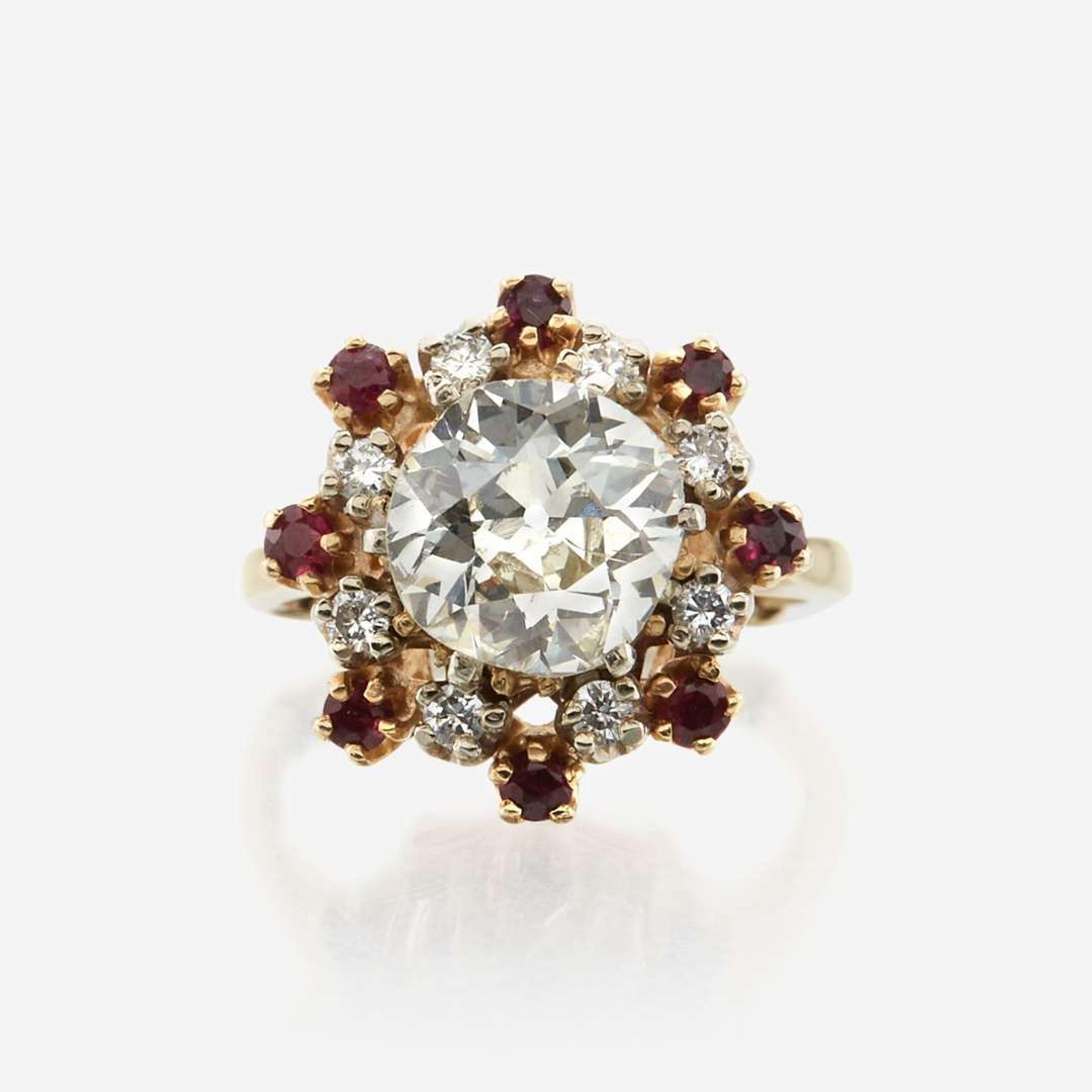A diamond, ruby, and gold ring