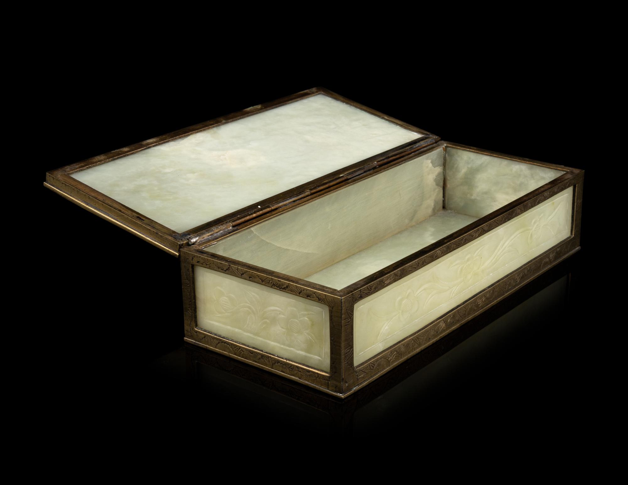 A Chinese Jade Inset Brass Rectangular Hinged Box