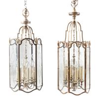 A Pair of Louis XV Style Bronze and Etched Glass Hall Lanterns