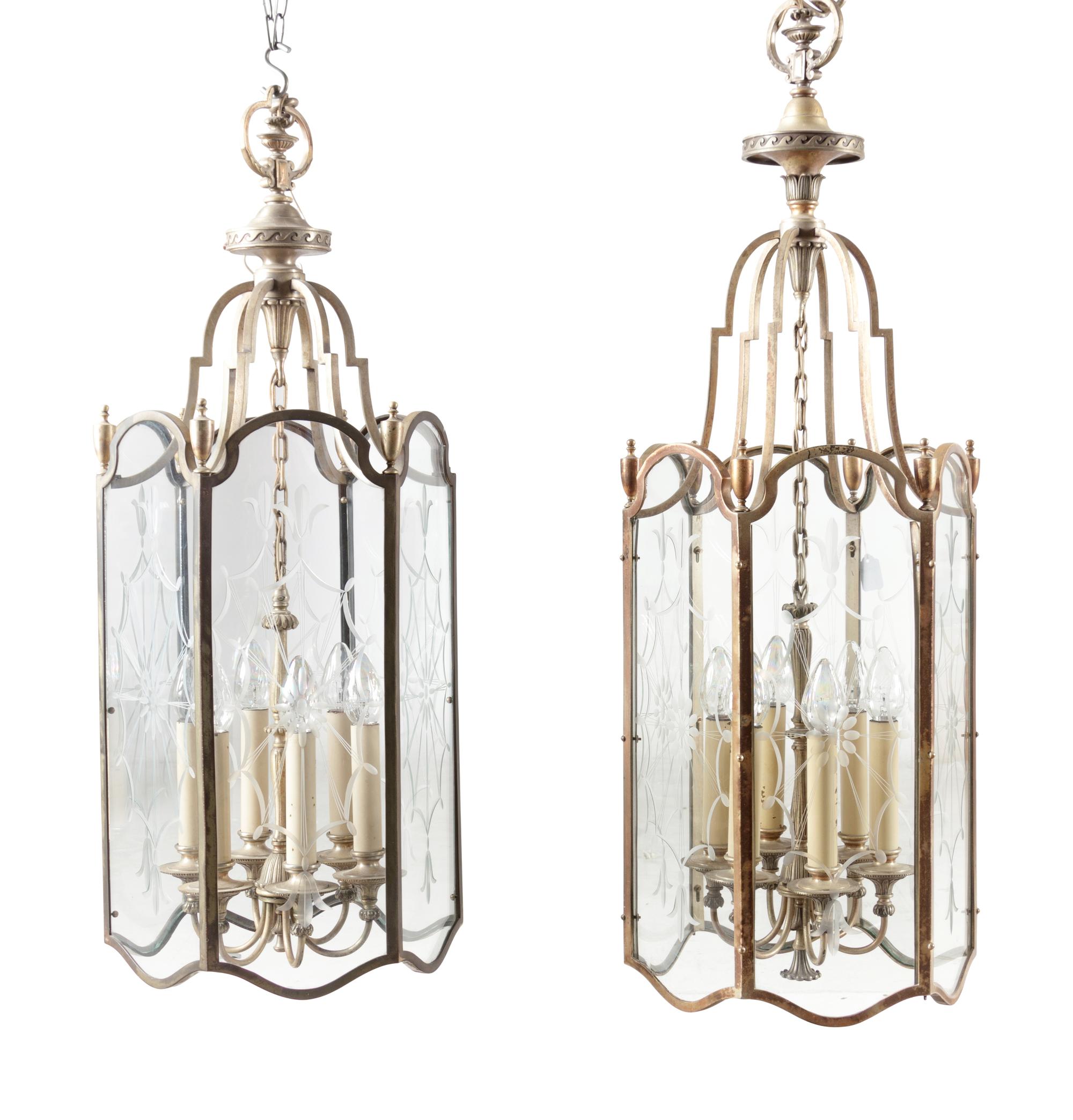 A Pair of Louis XV Style Bronze and Etched Glass Hall Lanterns
