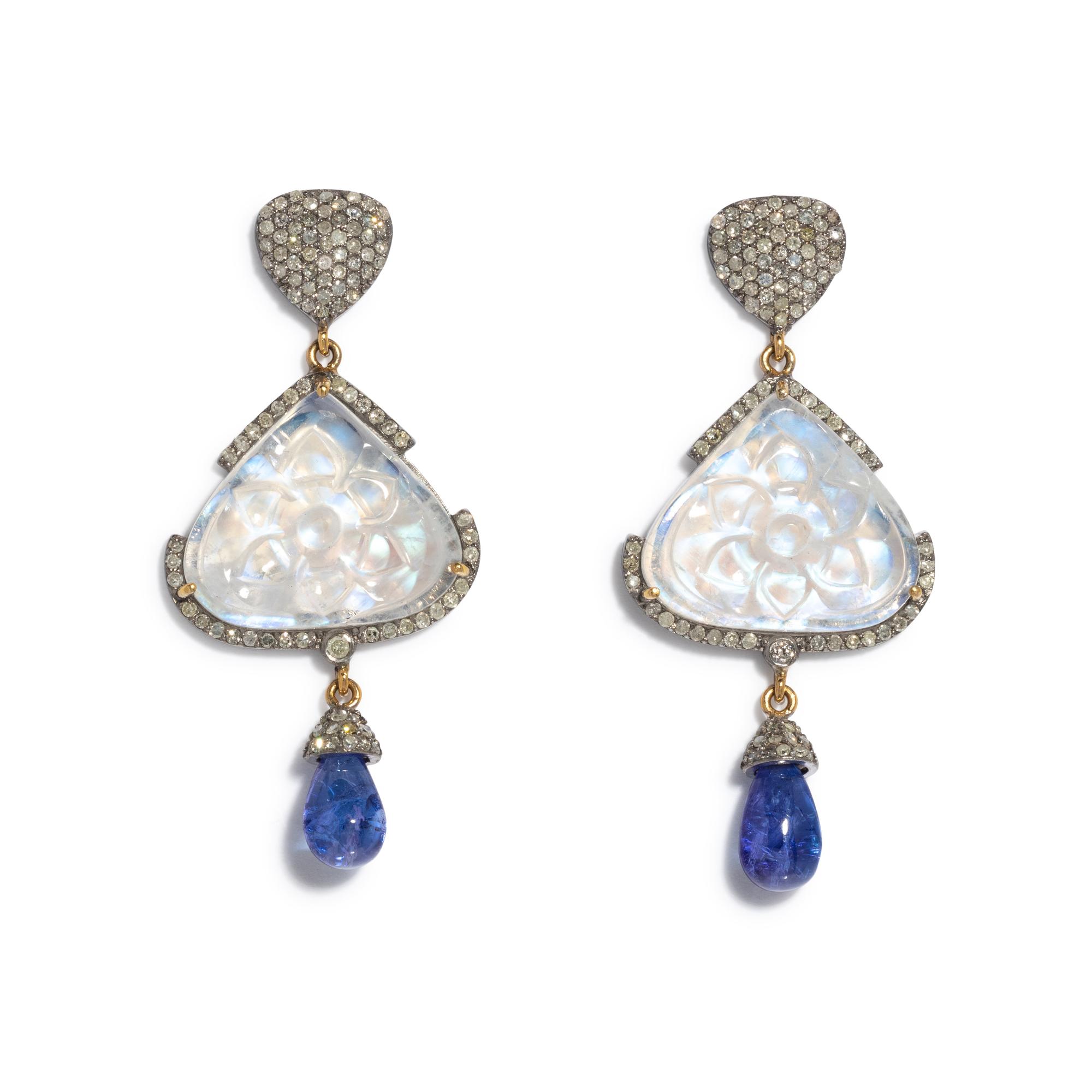 CARVED MOONSTONE, TANZANITE AND DIAMOND EARRINGS