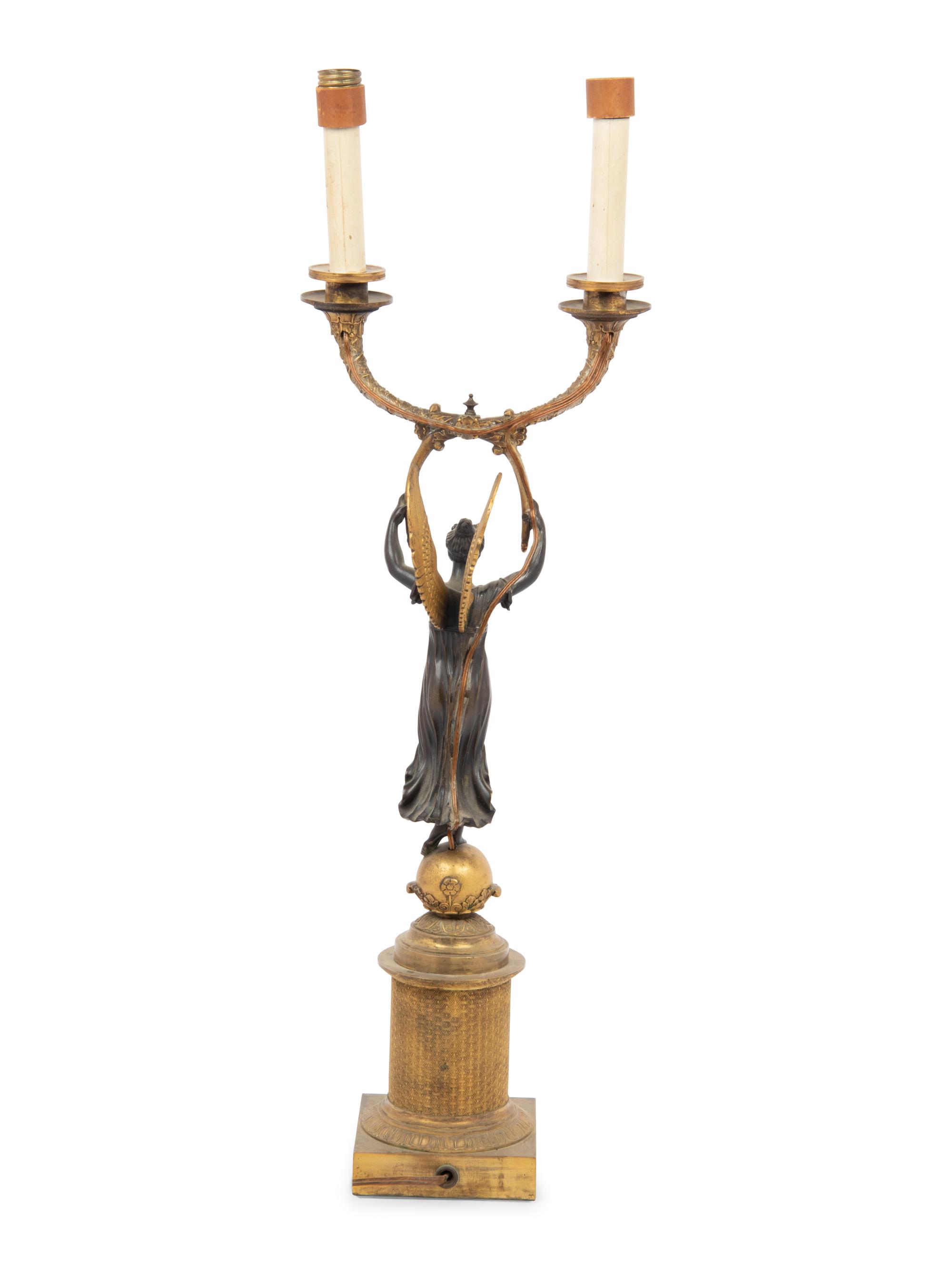 A Continental Gilt and Patinated Bronze Figural Two-Light Candelabrum Mounted as a Lamp