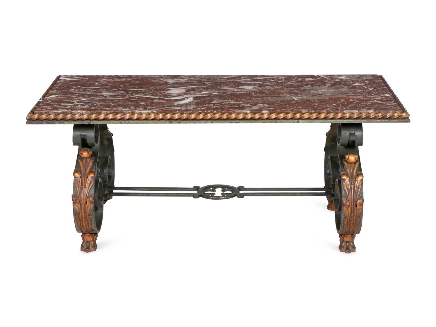 A Robert Merceris Wrought Iron Cocktail Table with Inset Marble Top
