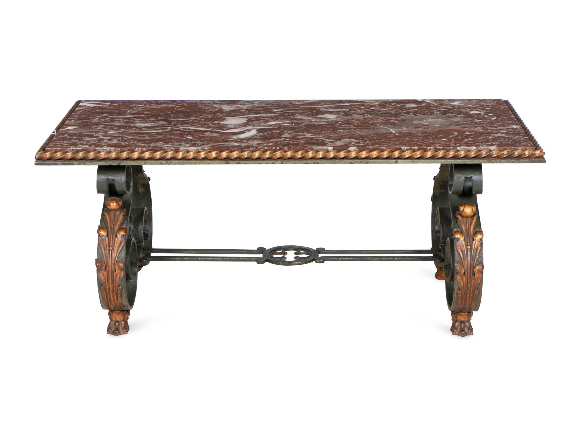 A Robert Merceris Wrought Iron Cocktail Table with Inset Marble Top