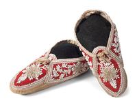 Seneca Beaded Hide Moccasins, with Red Trade Wool