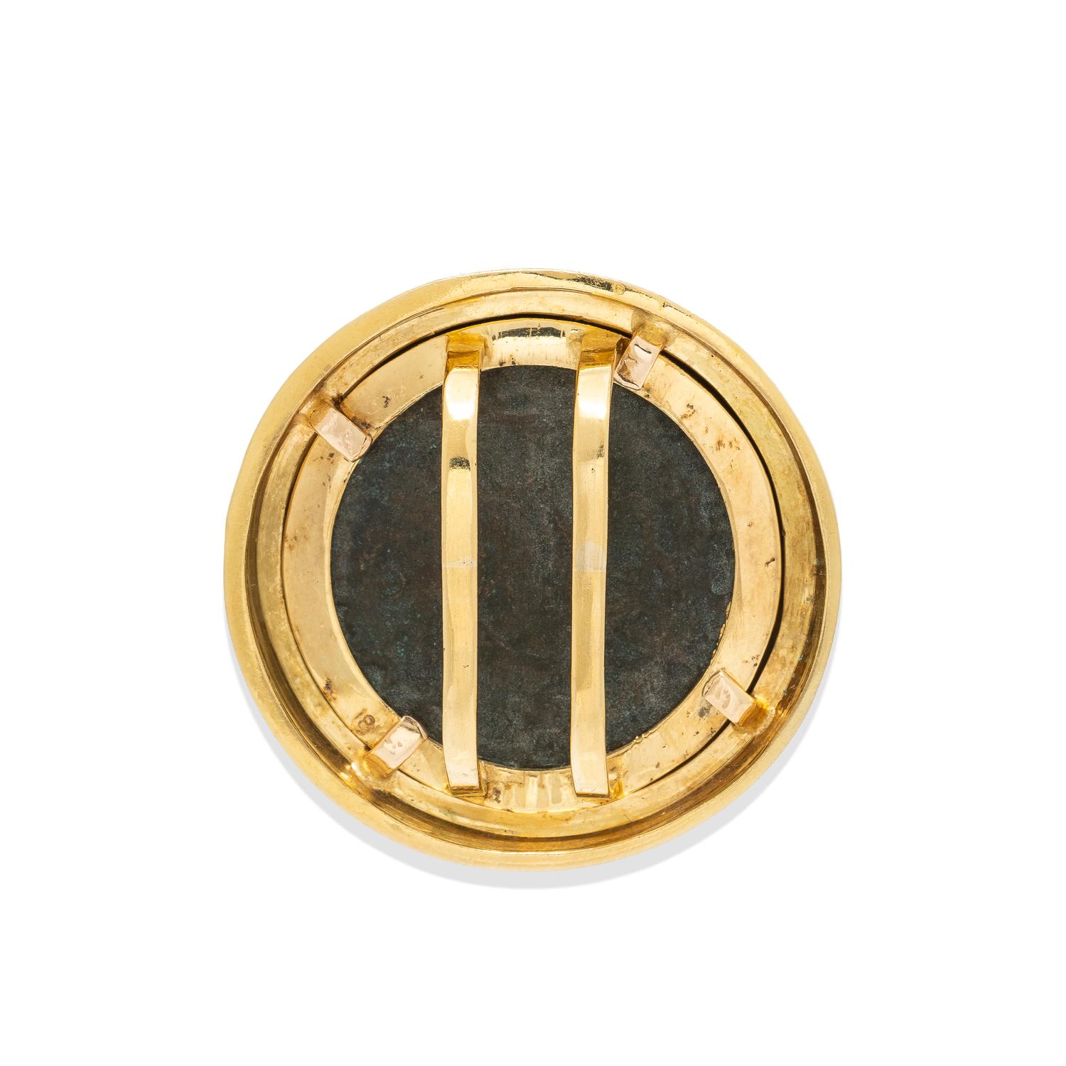 ANCIENT COIN, RUBY, AND YELLOW GOLD SLIDE PENDANT