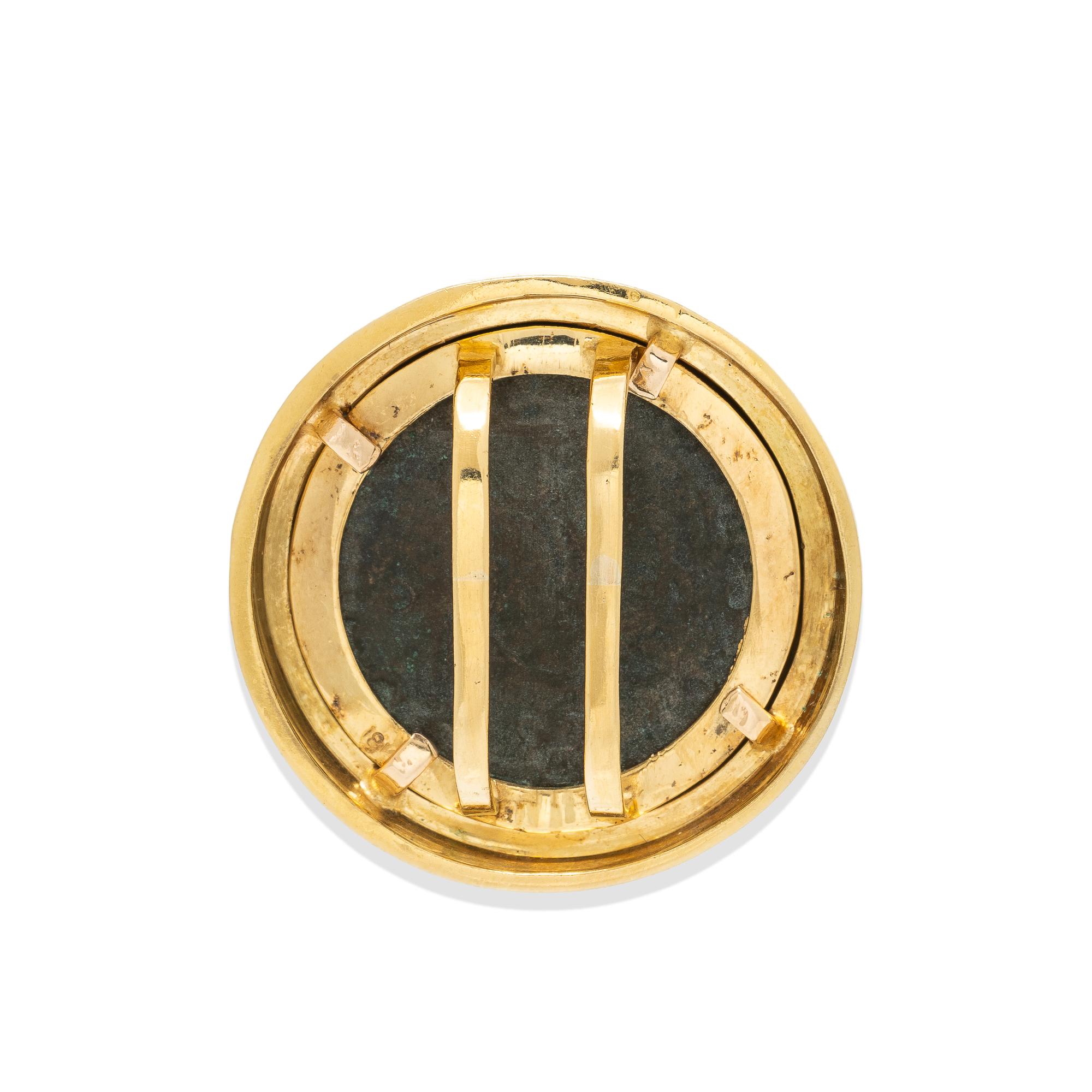 ANCIENT COIN, RUBY, AND YELLOW GOLD SLIDE PENDANT