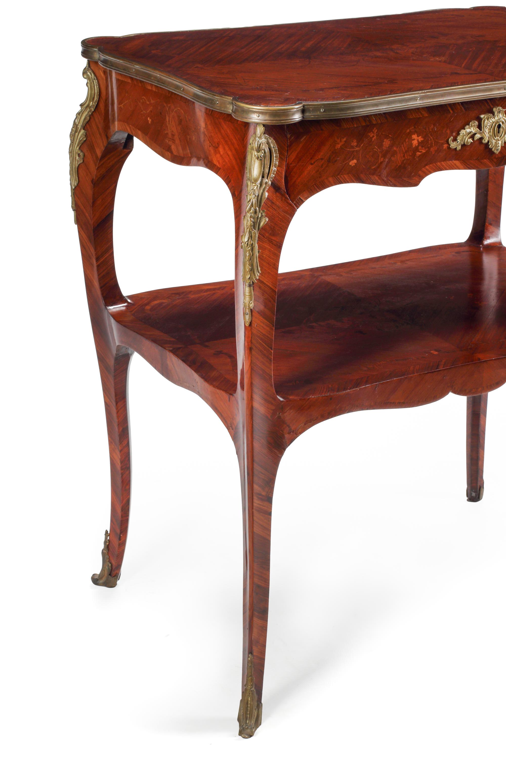 A Louis XV Style Gilt-Bronze Mounted Marquetry Two-Tier Table