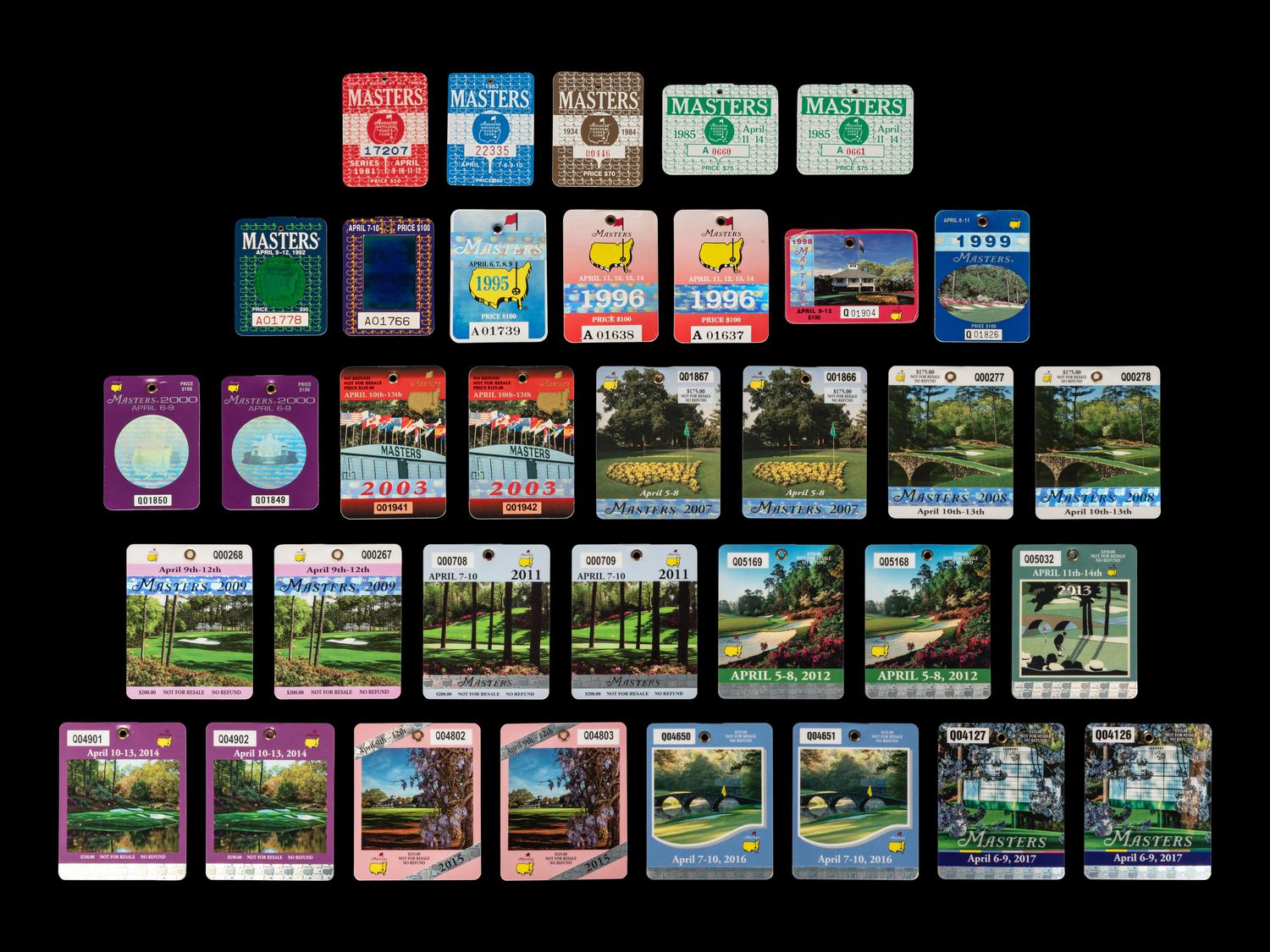 A Group of 35 1980s-2000s Masters Golf Tournament Augusta National Badges Including Tiger Woods' First Appearance as Amateur (1995)