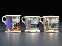 Three Porcelain Shaving Mugs Depicting Automobiles