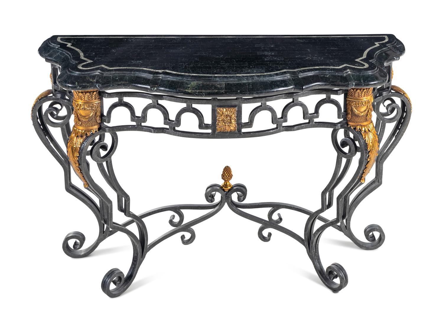 A Gilt Metal and Steel Marble-Top Console Table