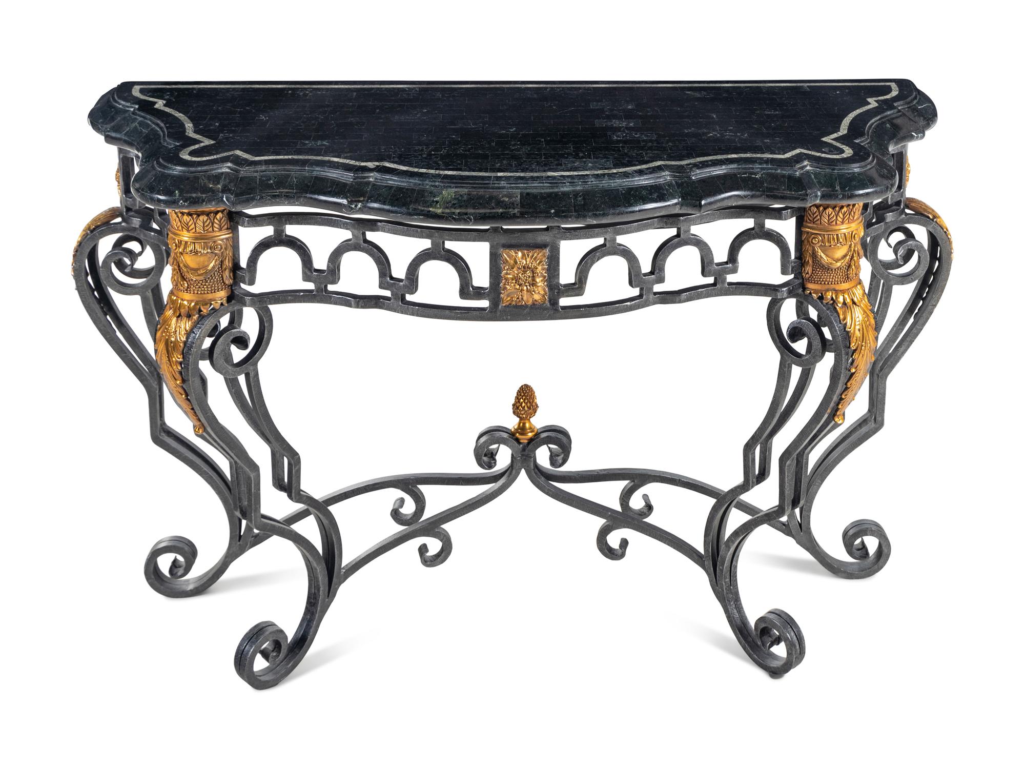 A Gilt Metal and Steel Marble-Top Console Table