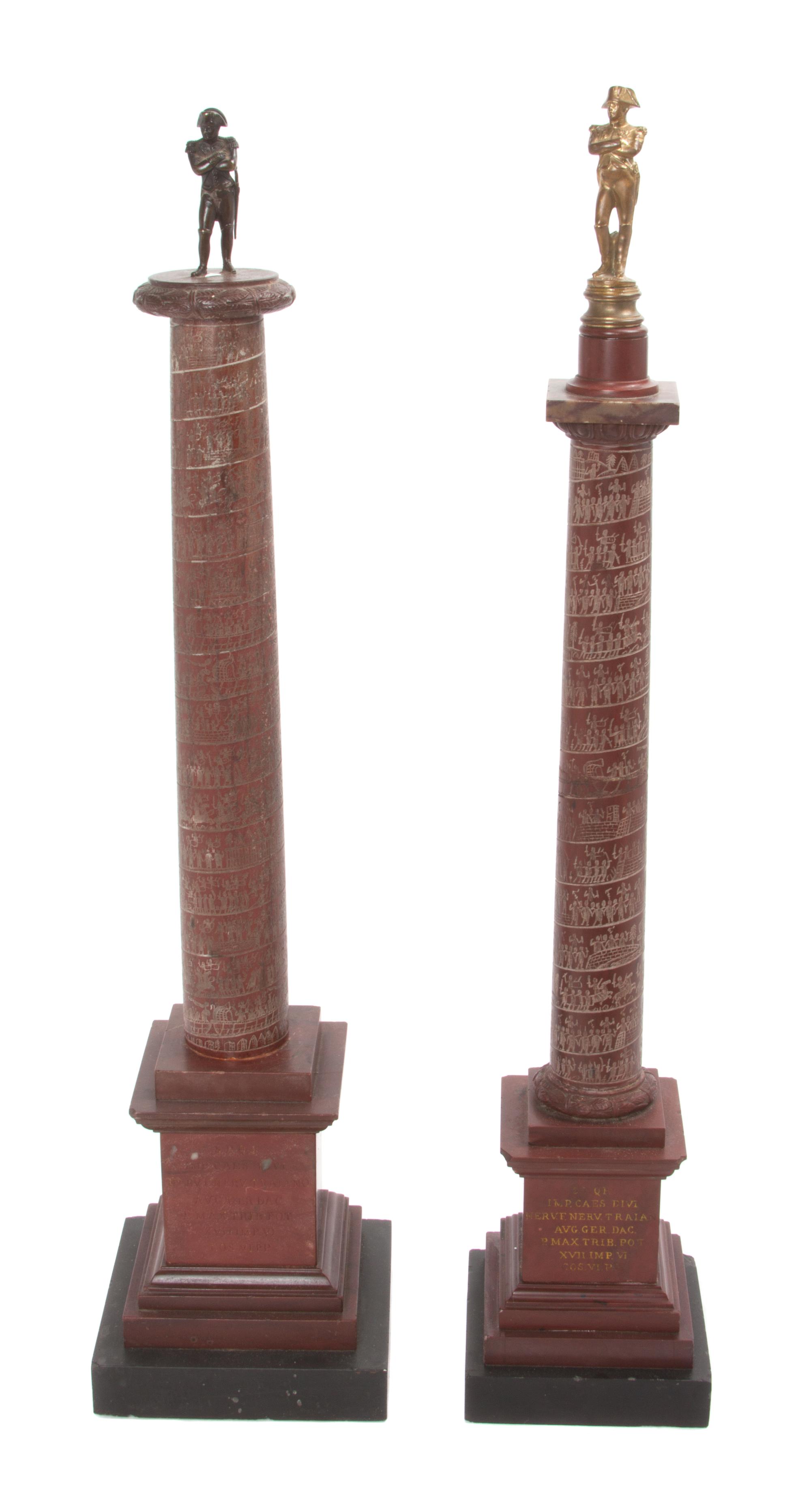 Two French Marble and Patinated Metal Columns Height 23 inches.