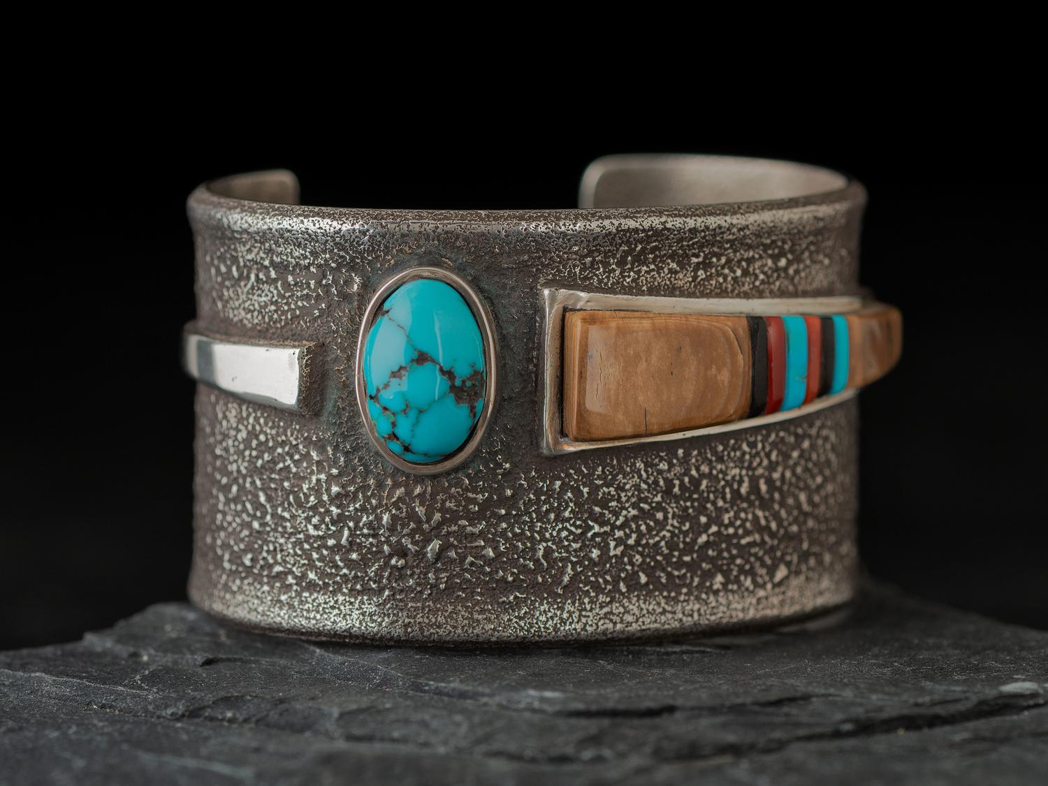 Silver Tufa Cast Cuff Bracelet with Inlay