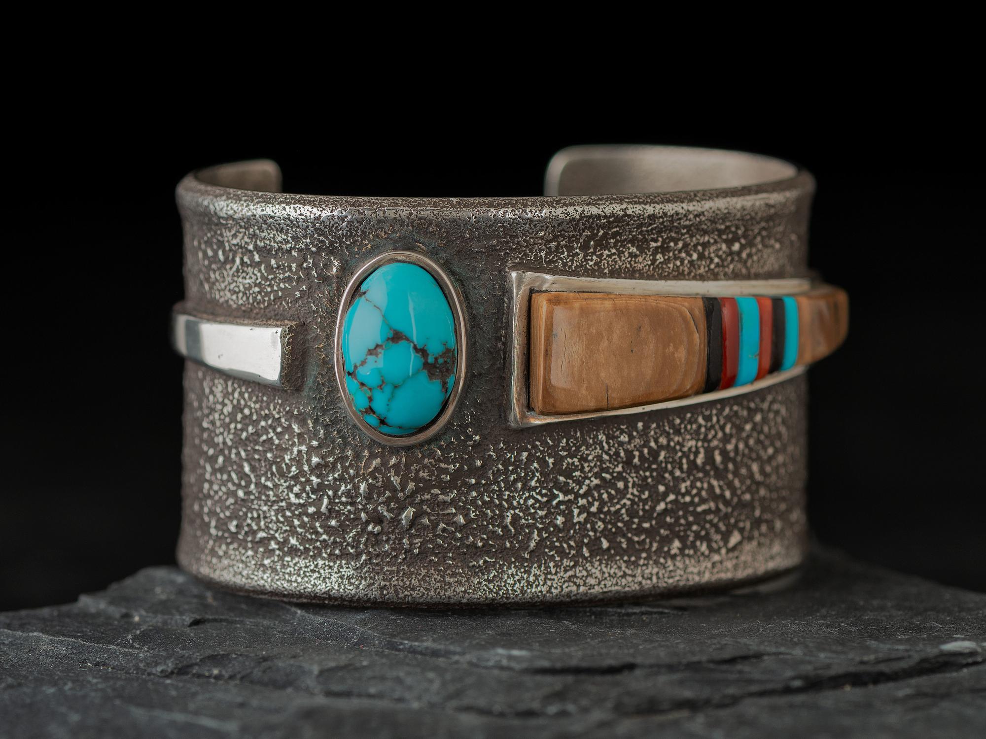Silver Tufa Cast Cuff Bracelet with Inlay