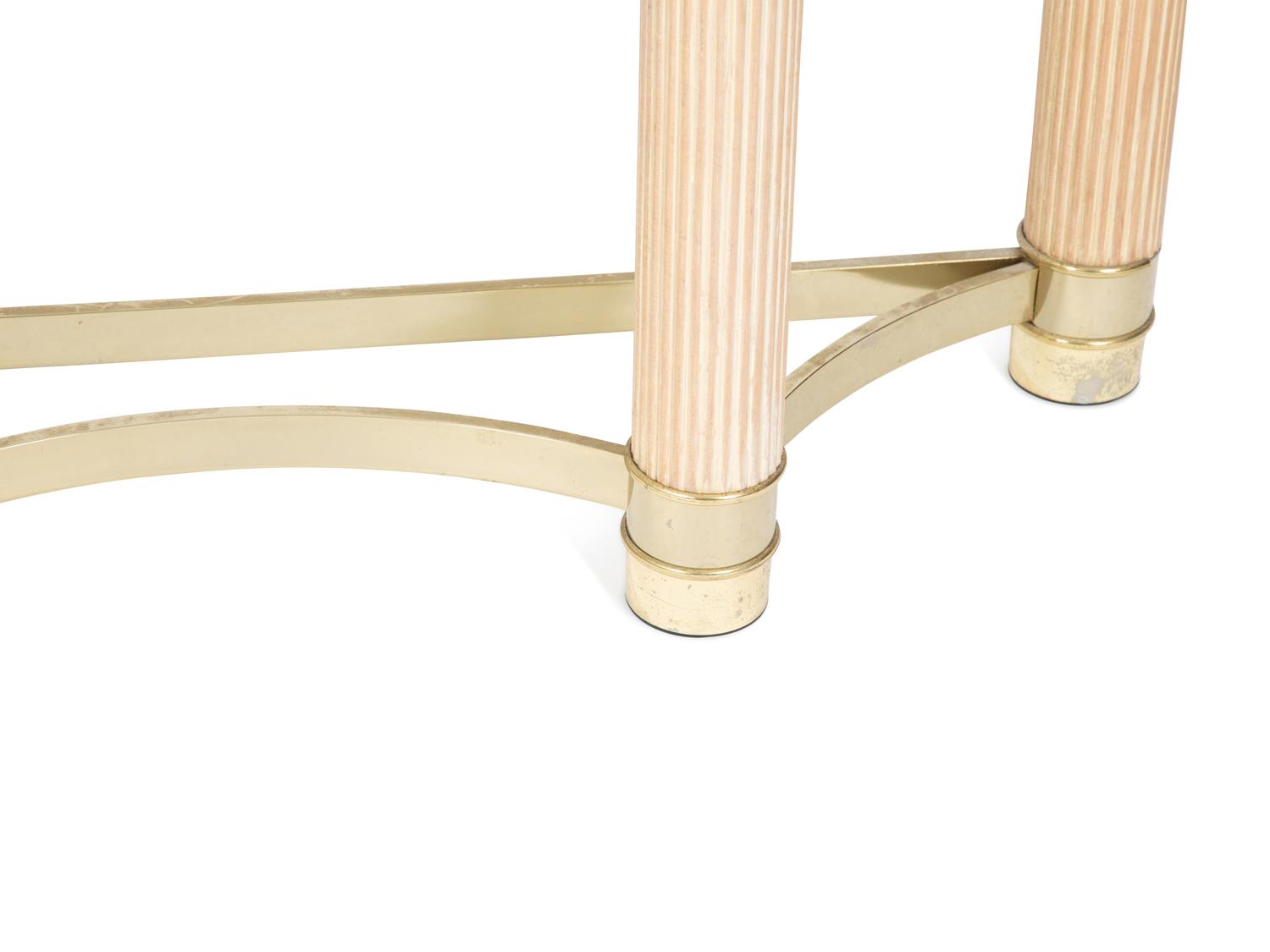 A Modern Fluted White Oak and Gilt Metal Demilune Glass Top Console Table — 20TH CENTURY