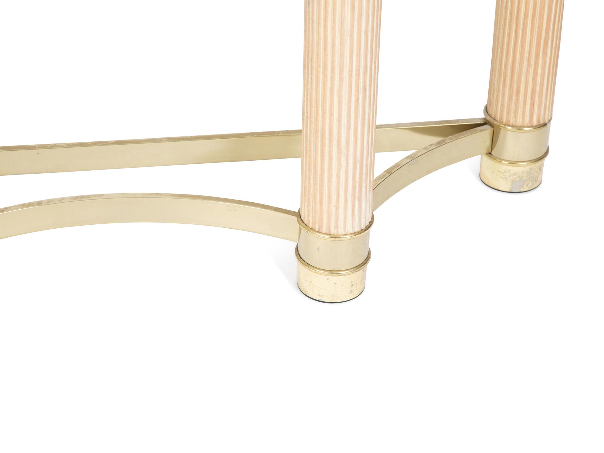 A Modern Fluted White Oak and Gilt Metal Demilune Glass Top Console Table — 20TH CENTURY
