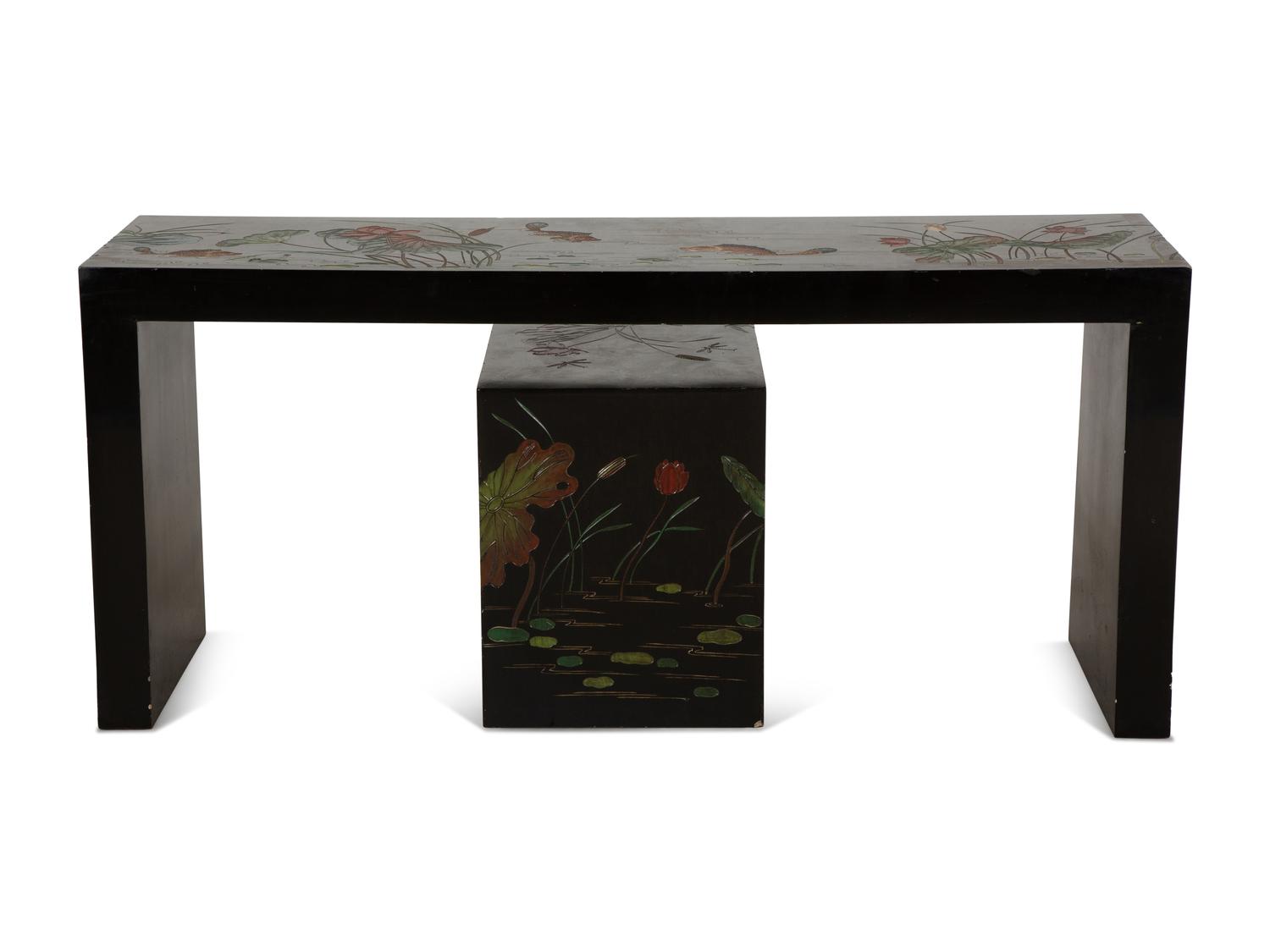 Two Chinese Black Lacquer Tables with Polychrome Lotus Flower and Dragon Fly Decoration — 20th Century