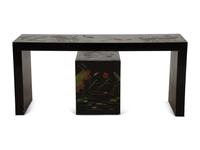 Two Chinese Black Lacquer Tables with Polychrome Lotus Flower and Dragon Fly Decoration — 20th Century