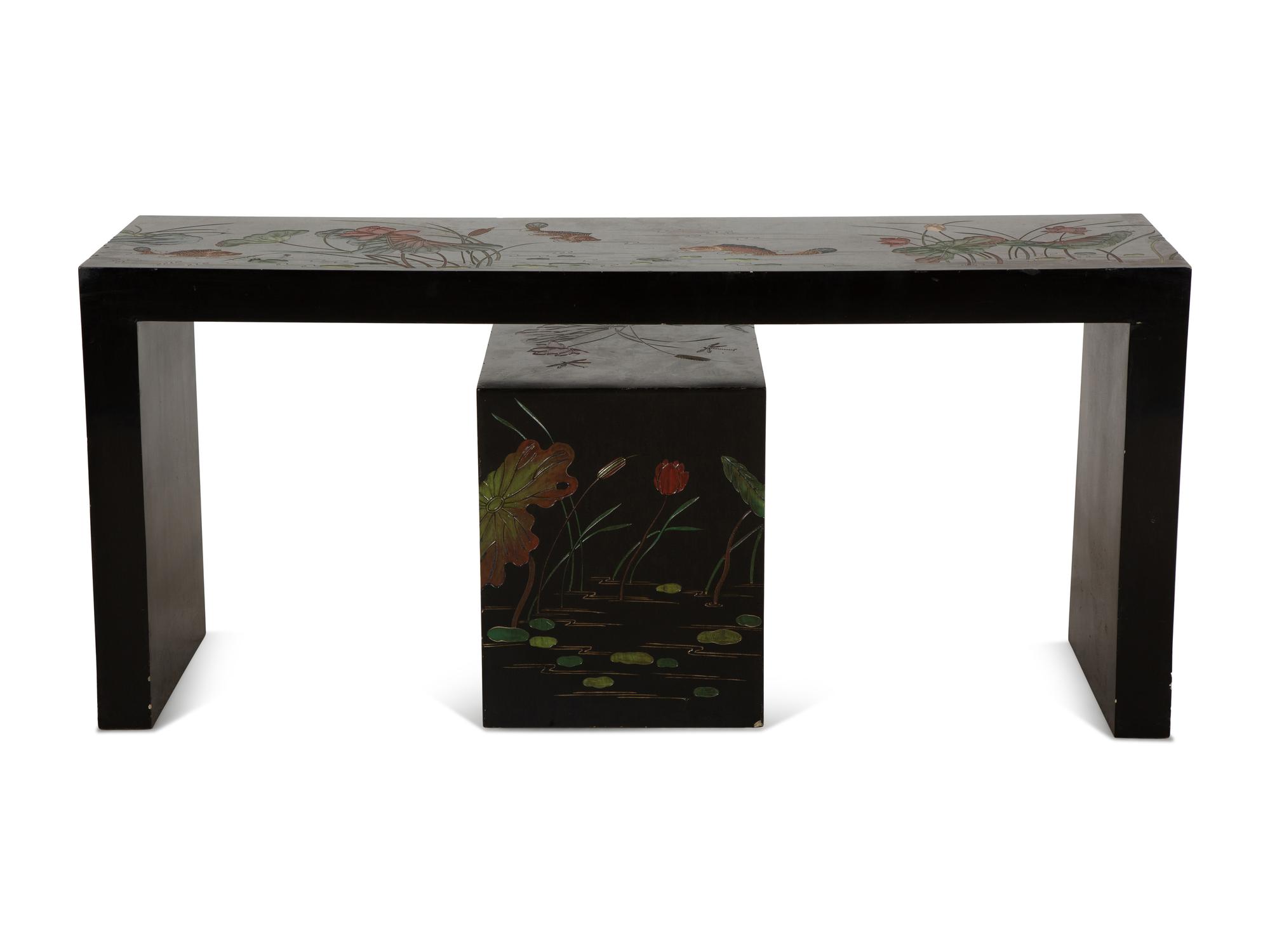 Two Chinese Black Lacquer Tables with Polychrome Lotus Flower and Dragon Fly Decoration — 20th Century