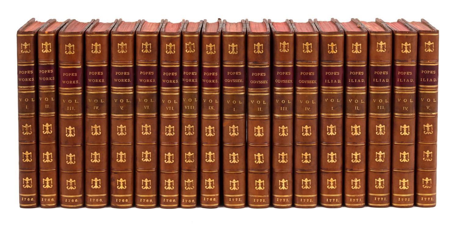 POPE, Alexander (1688-1744). The Works. - The Iliad of Homer. - The Odyssey of Homer. London: Printed for A. Millar, J. and R. Tonson and others (Works); Printed for J. Whiston, Baker and Leigh, and others (Iliad, Odyssey), 1766, 1771.