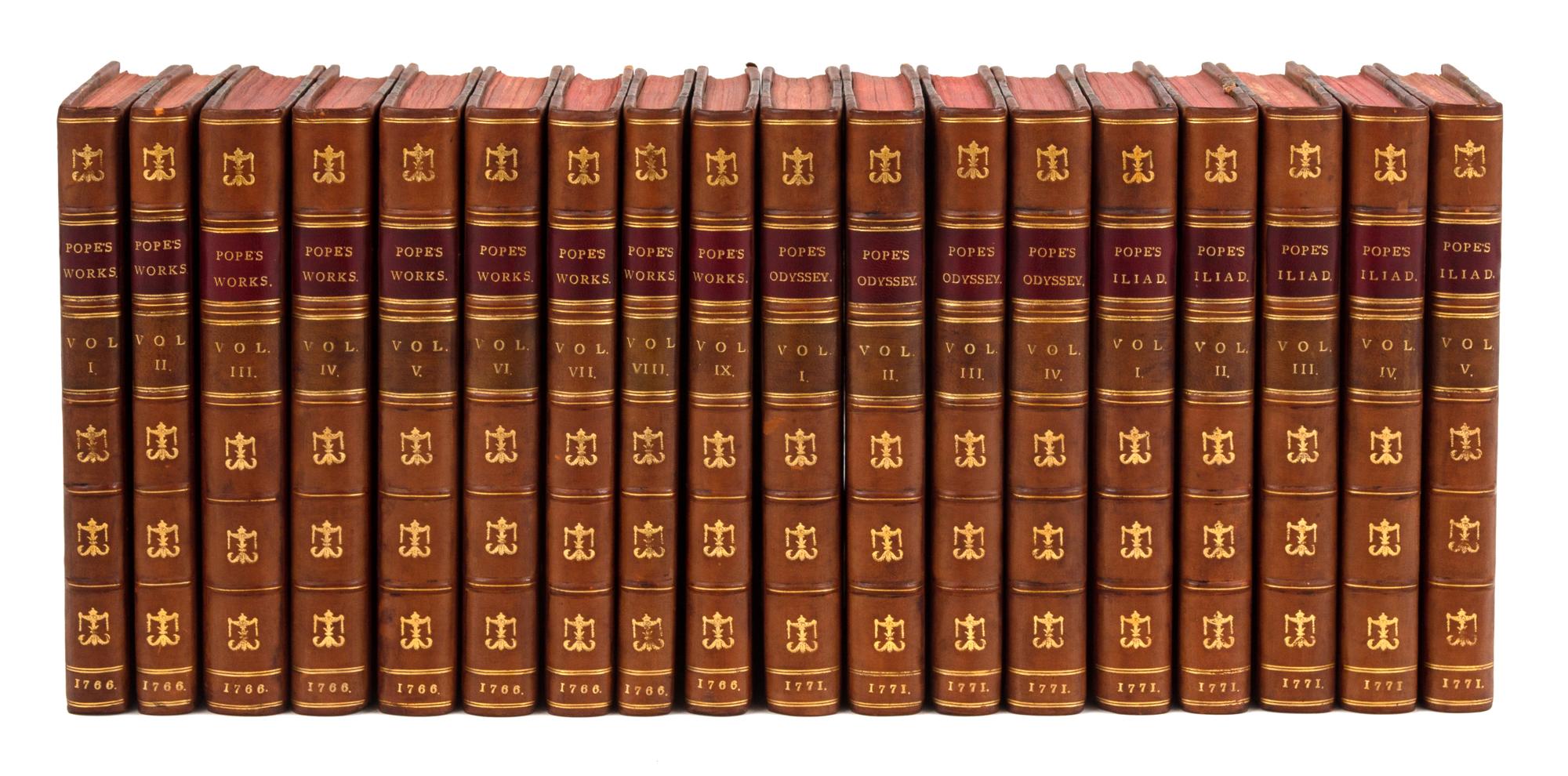 POPE, Alexander (1688-1744). The Works. - The Iliad of Homer. - The Odyssey of Homer. London: Printed for A. Millar, J. and R. Tonson and others (Works); Printed for J. Whiston, Baker and Leigh, and others (Iliad, Odyssey), 1766, 1771.