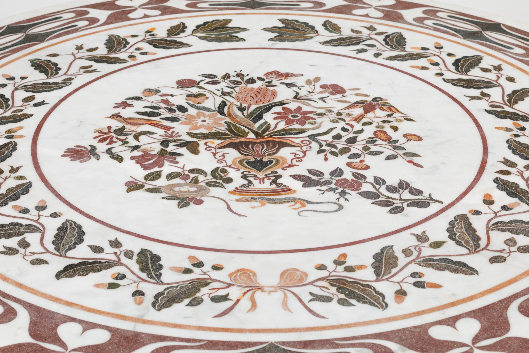 An Italian Baroque Style Giltwood Table Base with an Associated Scagliola Top
