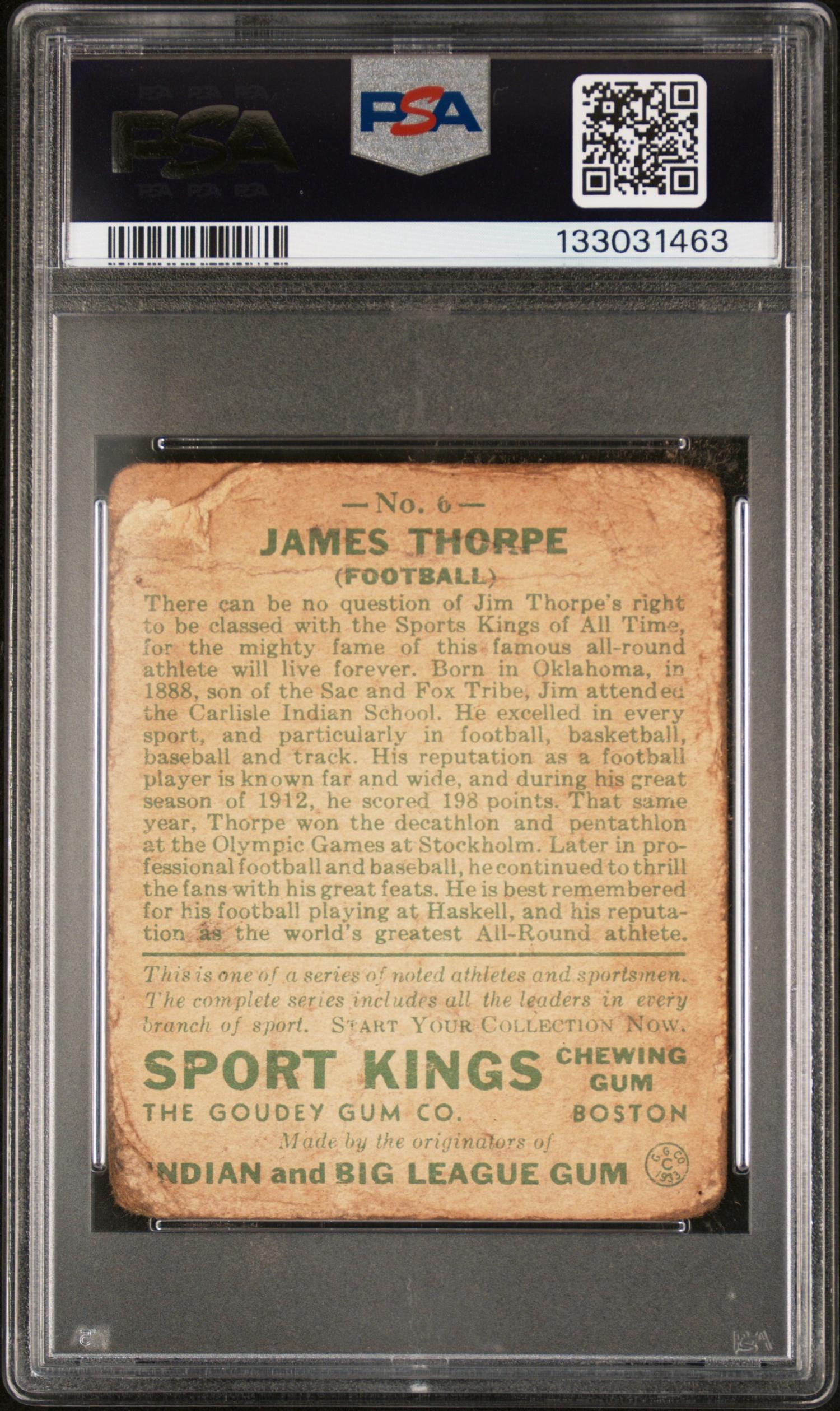 A 1933 Goudey Sport Kings Jim Thorpe Card No. 6